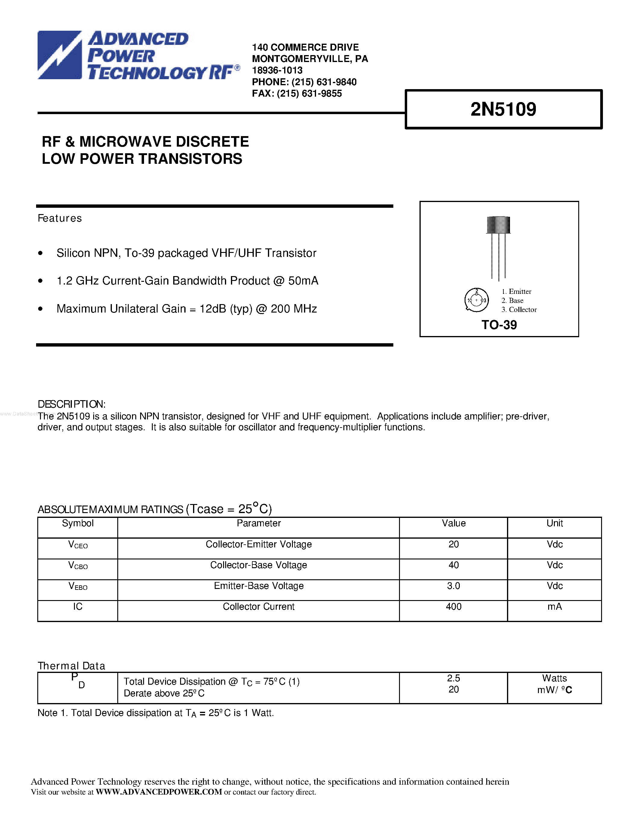 Даташит на микросхему 2N5109 страница 1 Даташит 2N5109 - RF & MICROWAVE DISCRETE LOW POWER TRANSISTORS страница 1