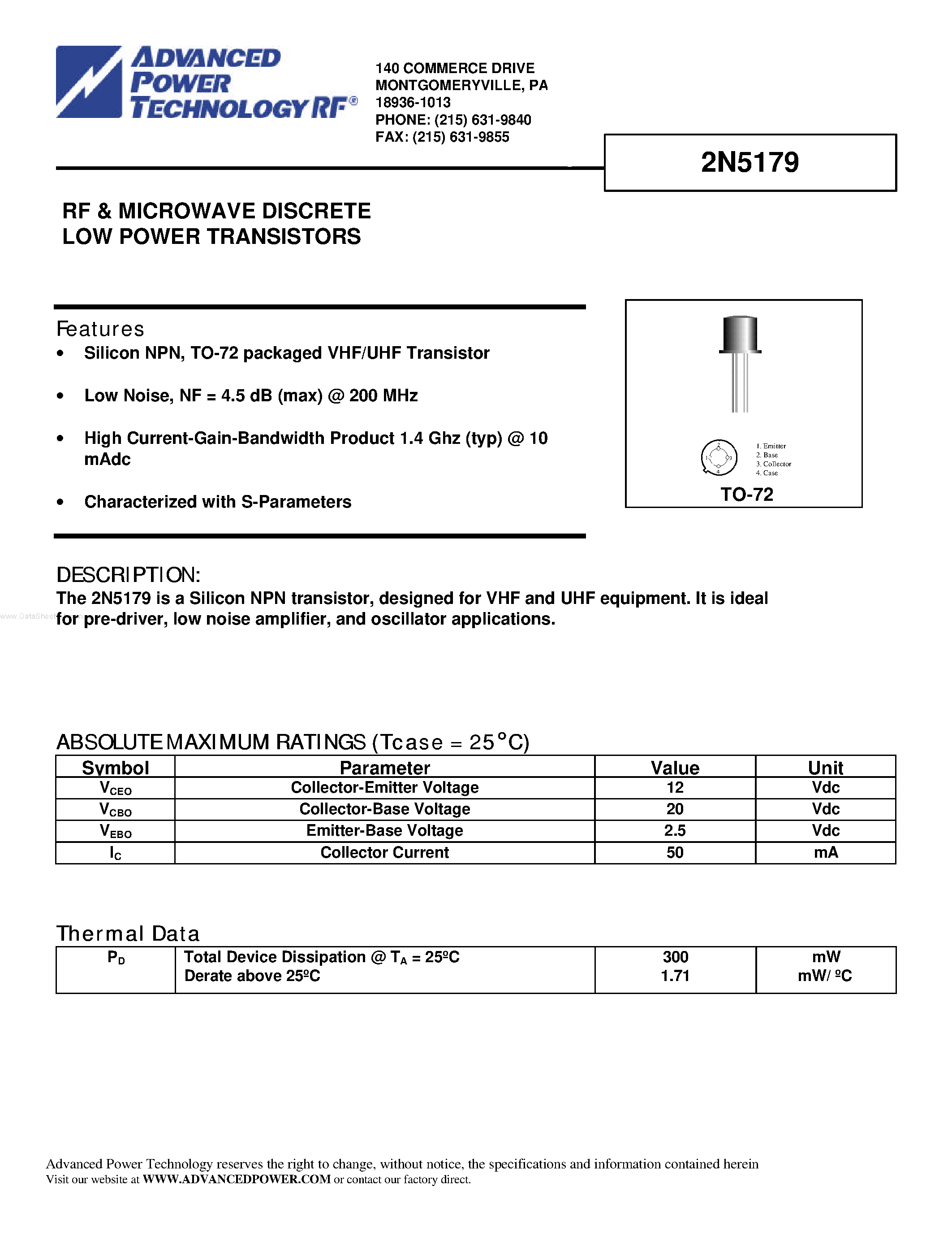 Даташит на микросхему 2N5179 страница 1 Даташит 2N5179 - RF & MICROWAVE DISCRETE LOW POWER TRANSISTORS страница 1