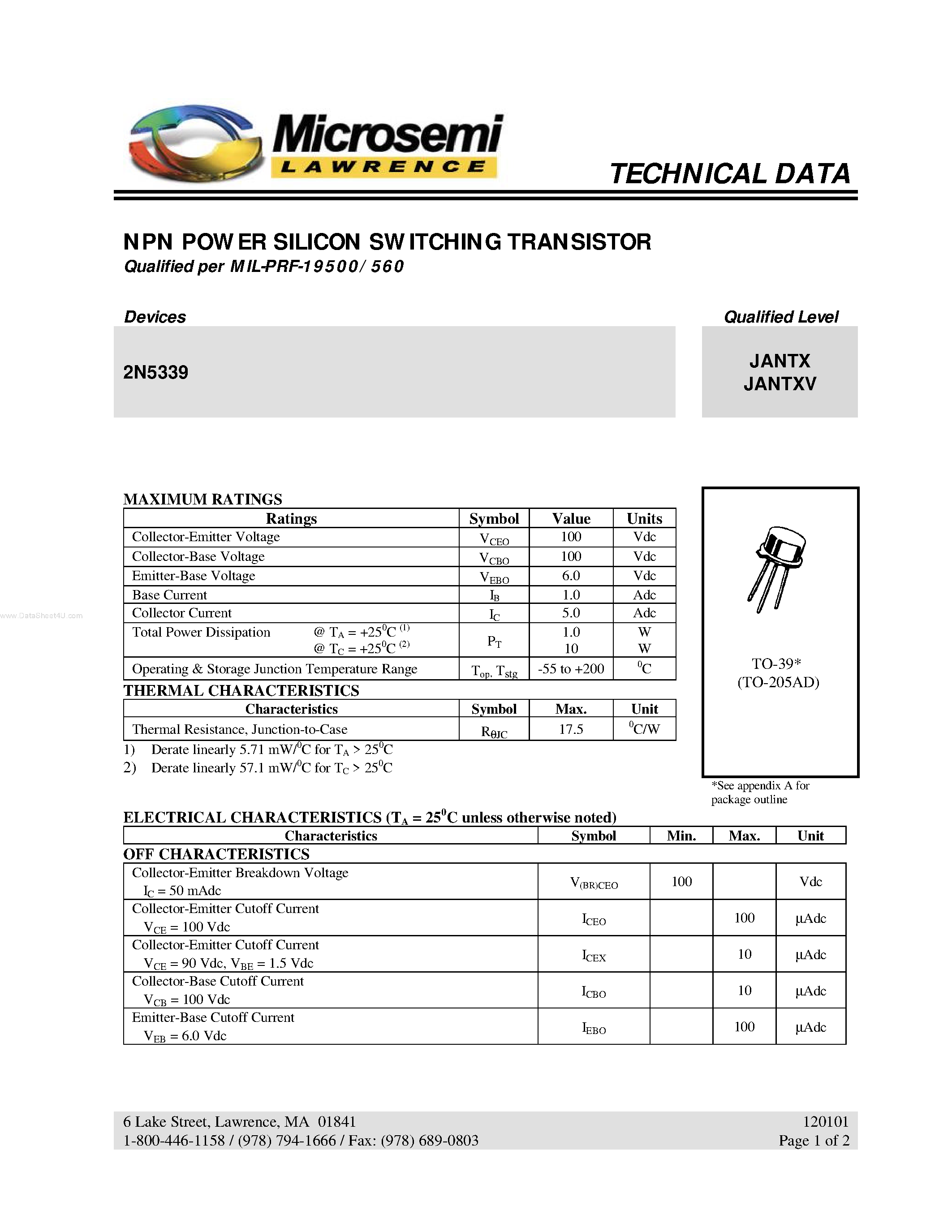 Datasheet 2N5339 - NPN POWER SILICON SWITCHING TRANSISTOR page 1