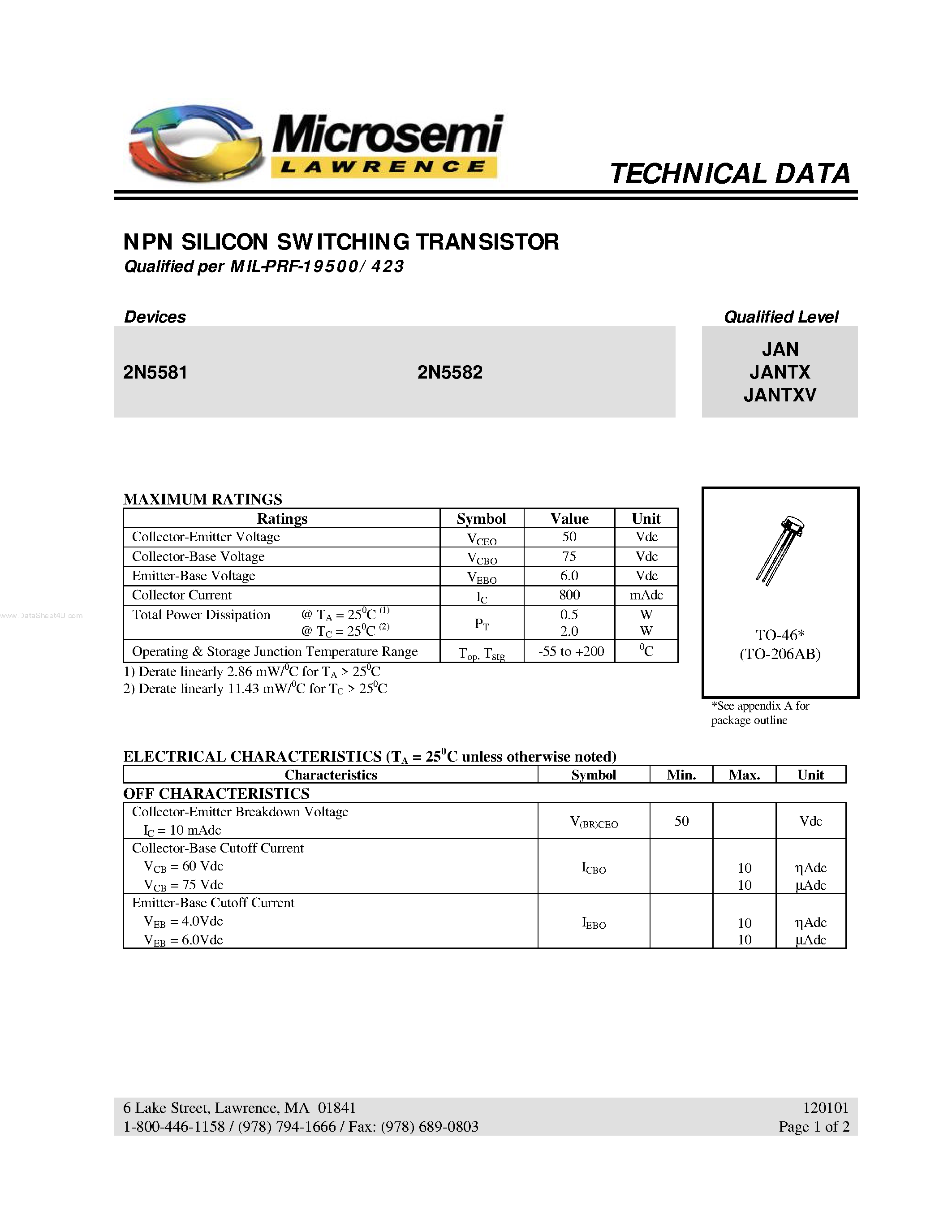 Datasheet 2N5581 - (2N5581 / 2N5582) NPN SILICON SWITCHING TRANSISTOR page 1