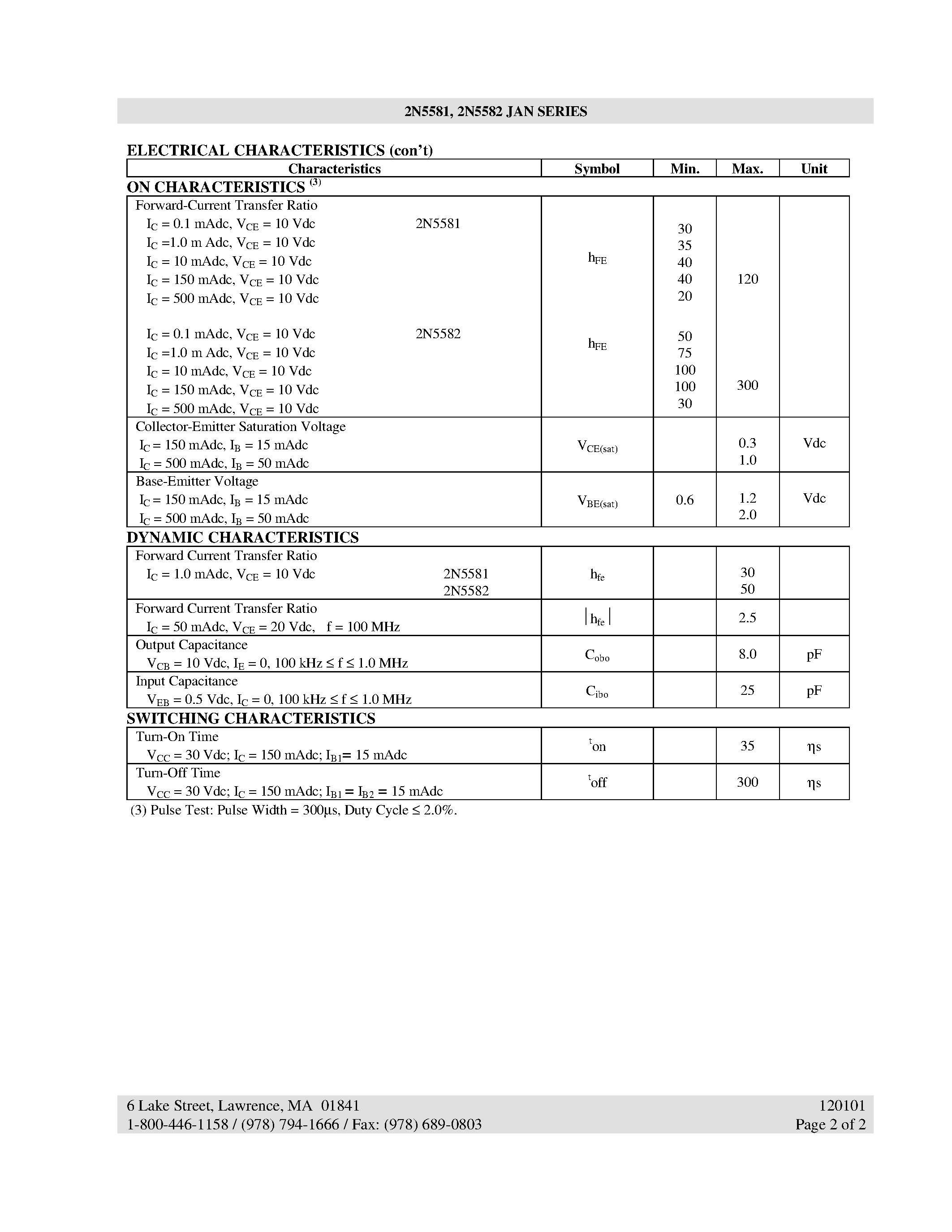 Datasheet 2N5581 - (2N5581 / 2N5582) NPN SILICON SWITCHING TRANSISTOR page 2