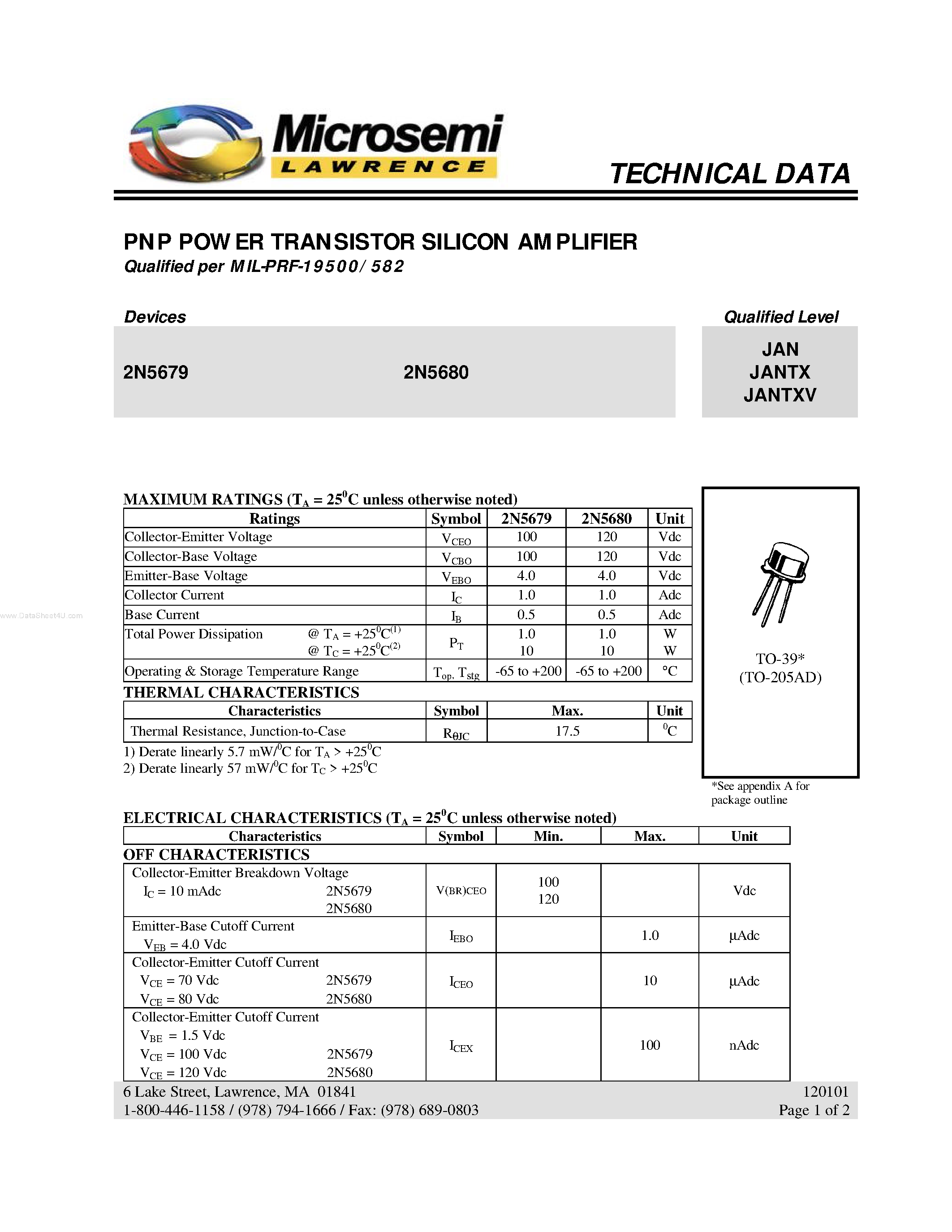 Datasheet 2N5679 - (2N5679 / 2N5680) PNP POWER TRANSISTOR SILICON AMPLIFIER page 1
