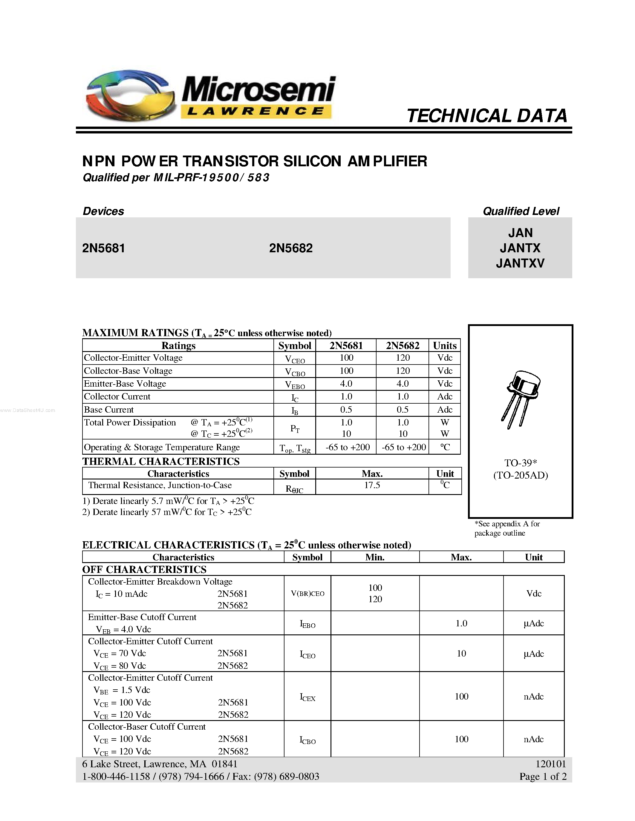 Datasheet 2N5681 - (2N5681 / 2N5682) NPN POWER TRANSISTOR SILICON AMPLIFIER page 1