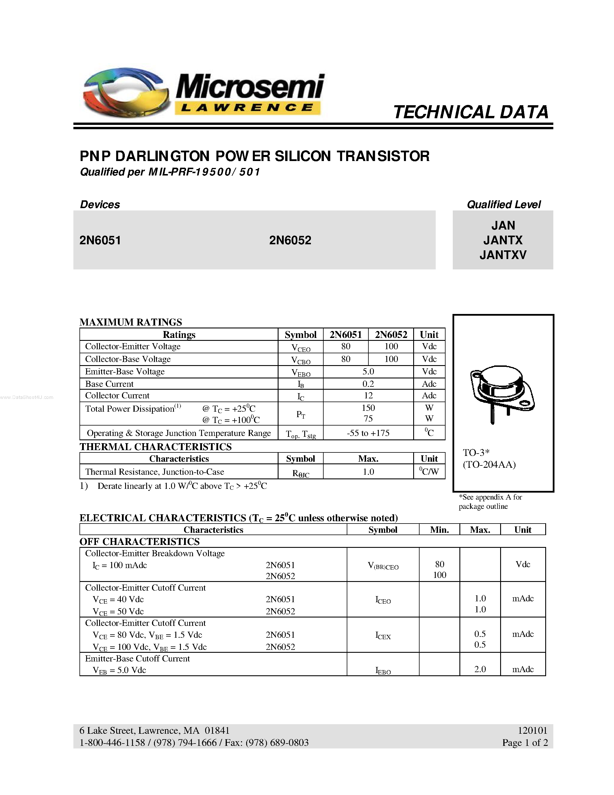 Datasheet 2N6051 - (2N6051 / 2N6052) PNP DARLINGTON POWER SILICON TRANSISTOR page 1