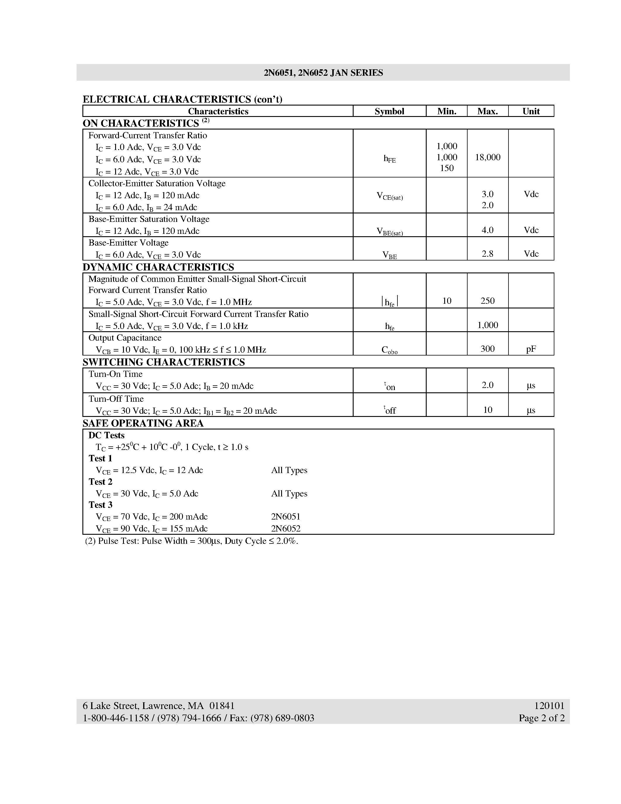 Datasheet 2N6051 - (2N6051 / 2N6052) PNP DARLINGTON POWER SILICON TRANSISTOR page 2
