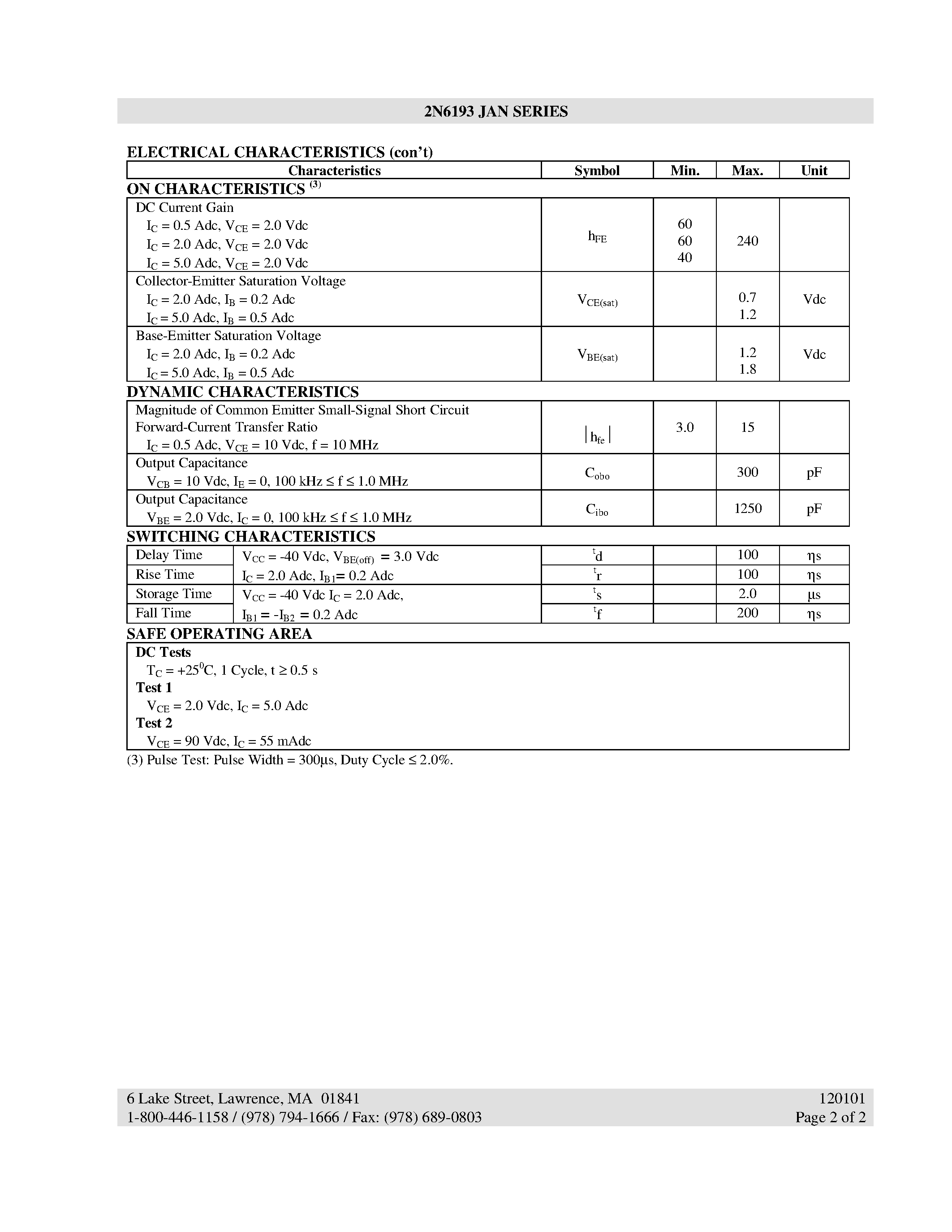 Datasheet 2N6193 - PNP MEDIUM POWER SILICON TRANSISTOR page 2