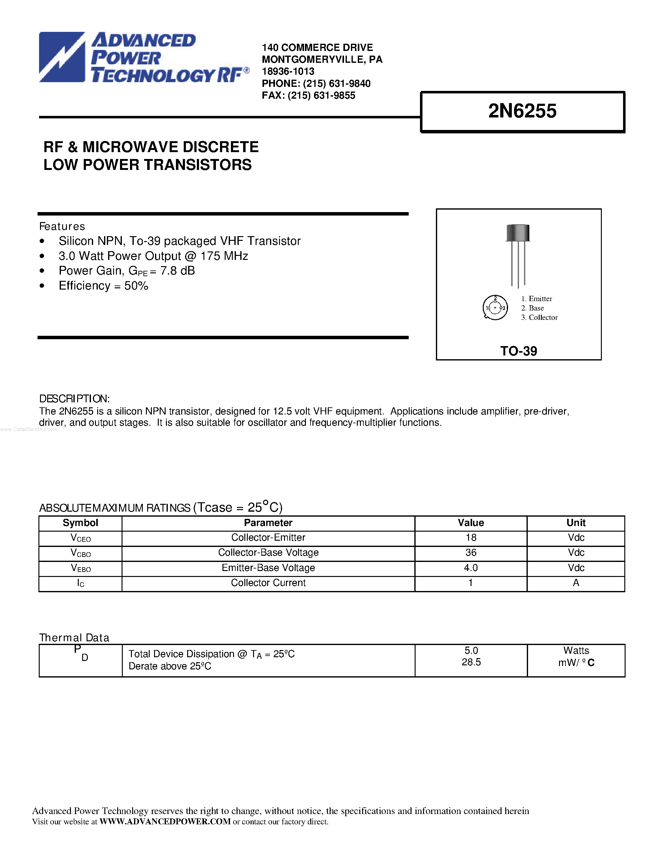 Даташит 2N6255 - RF & MICROWAVE DISCRETE LOW POWER TRANSISTORS страница 1