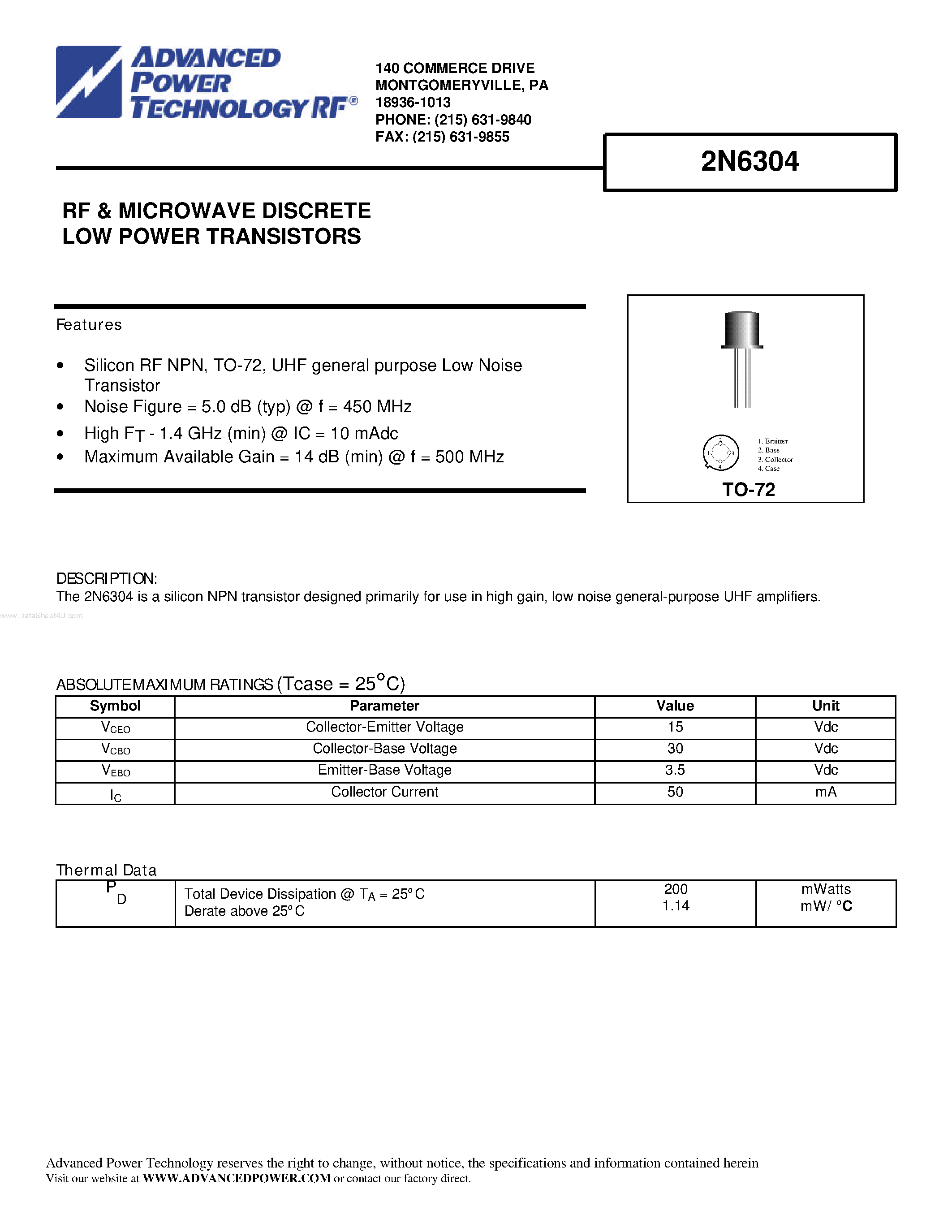 Даташит 2N6304 - RF & MICROWAVE DISCRETE LOW POWER TRANSISTORS страница 1
