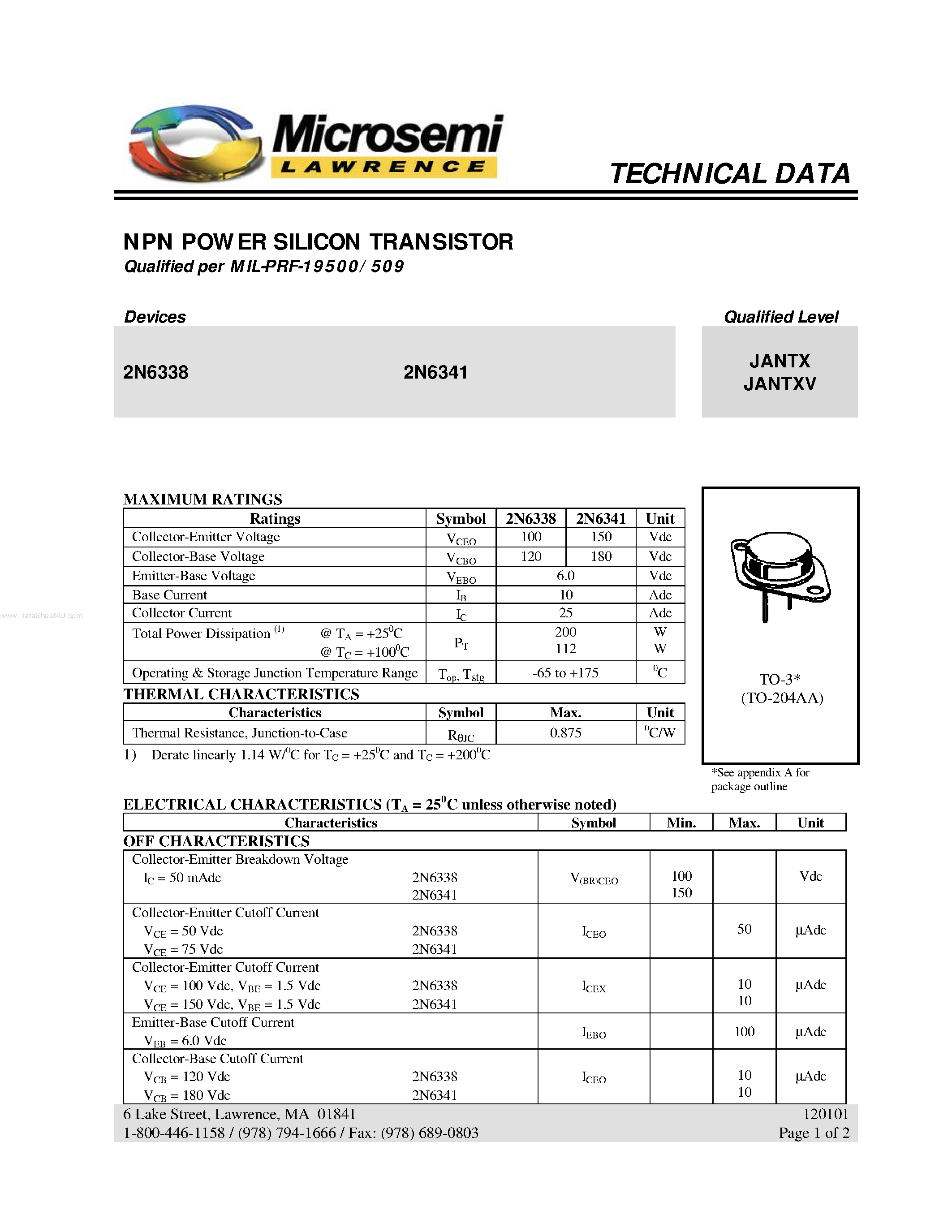 Datasheet 2N6338 - (2N6338 / 2N6341) NPN POWER SILICON TRANSISTOR page 1