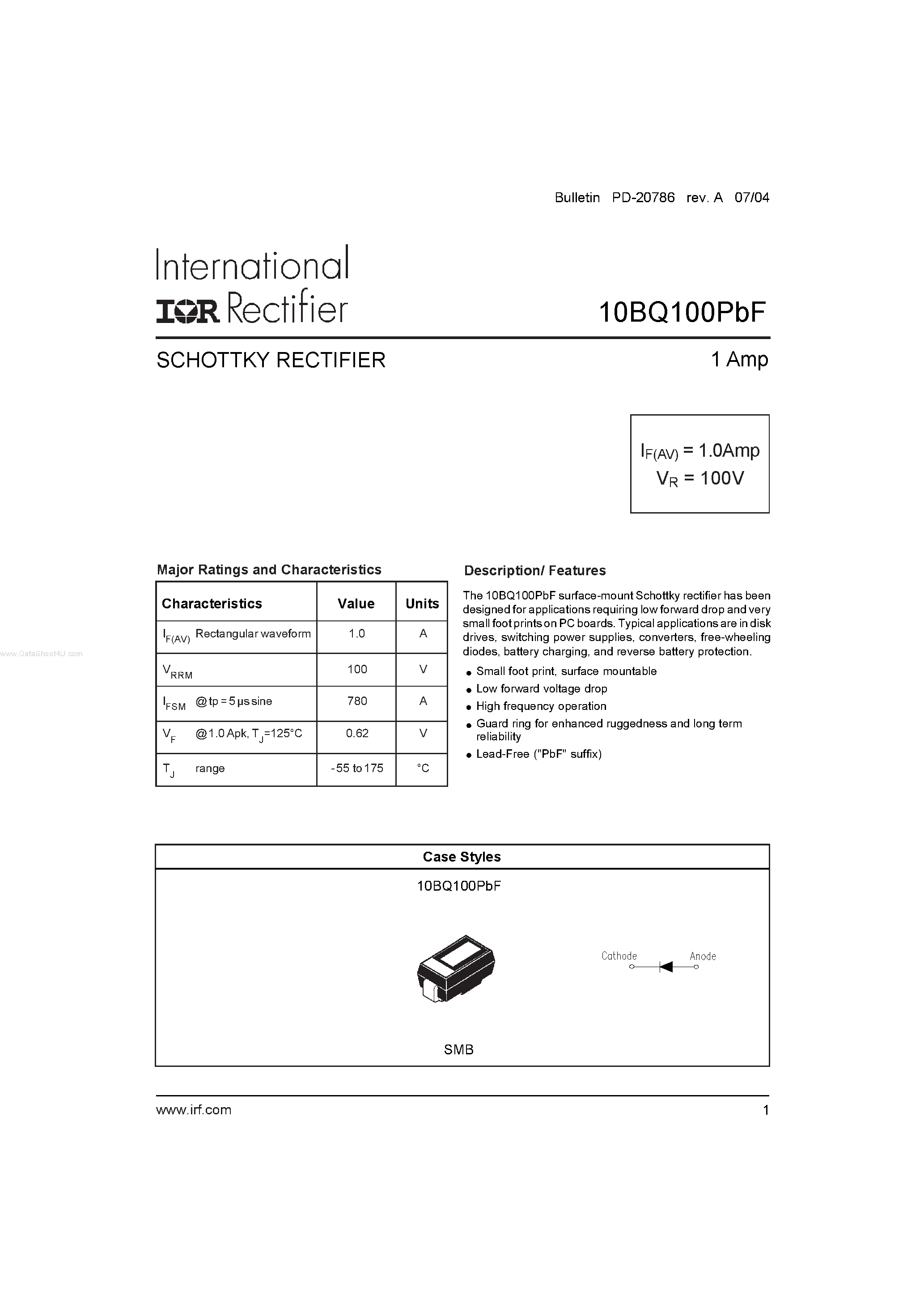Datasheet 10BQ100PBF page 1 Datasheet 10BQ100PBF - SCHOTTKY RECTIFIER page 1