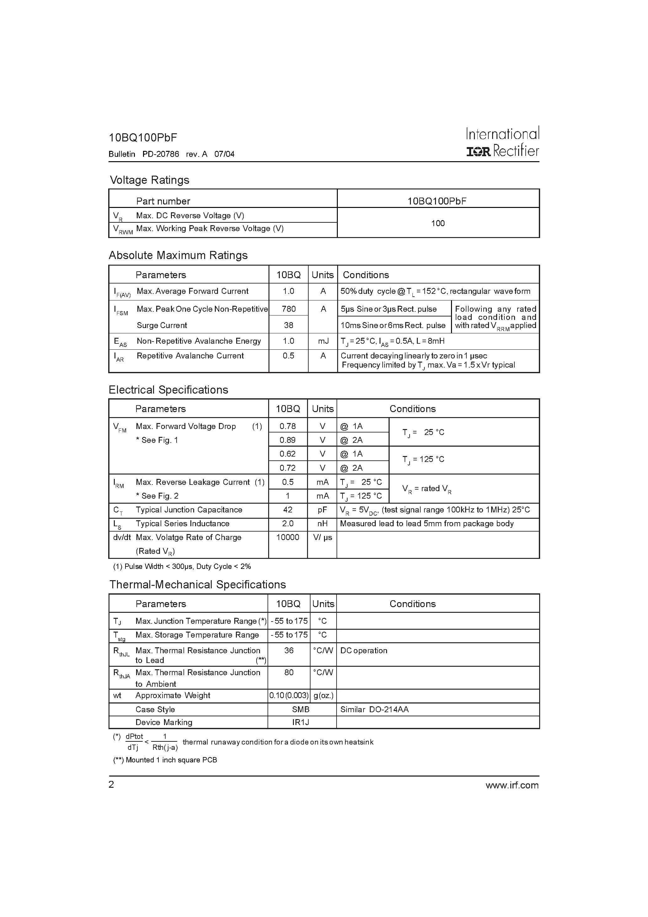 Datasheet 10BQ100PBF page 2 Datasheet 10BQ100PBF - SCHOTTKY RECTIFIER page 2