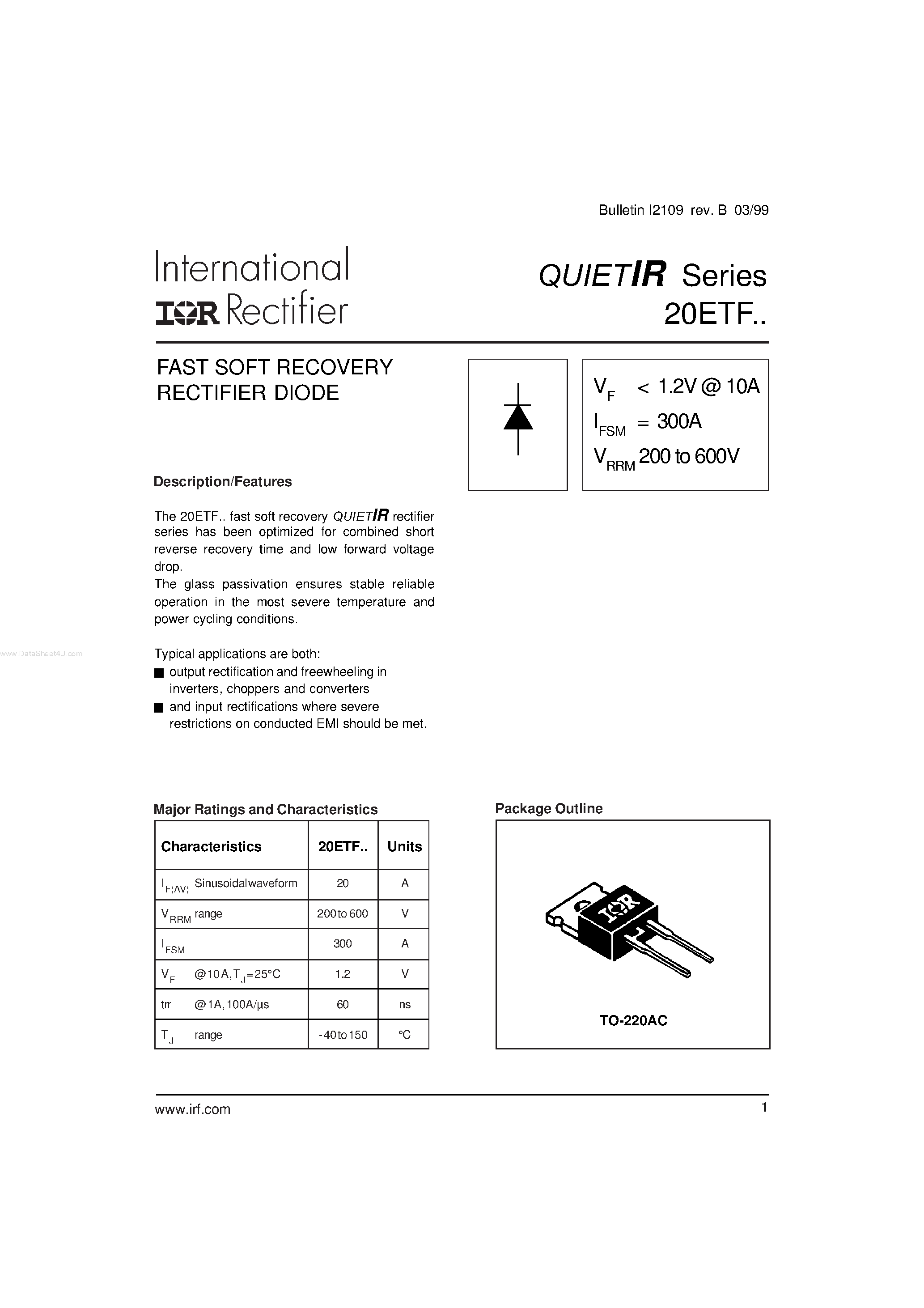 Datasheet 20ETF02 - (20ETFxx) FAST SOFT RECOVERY RECTIFIER DIODE page 1