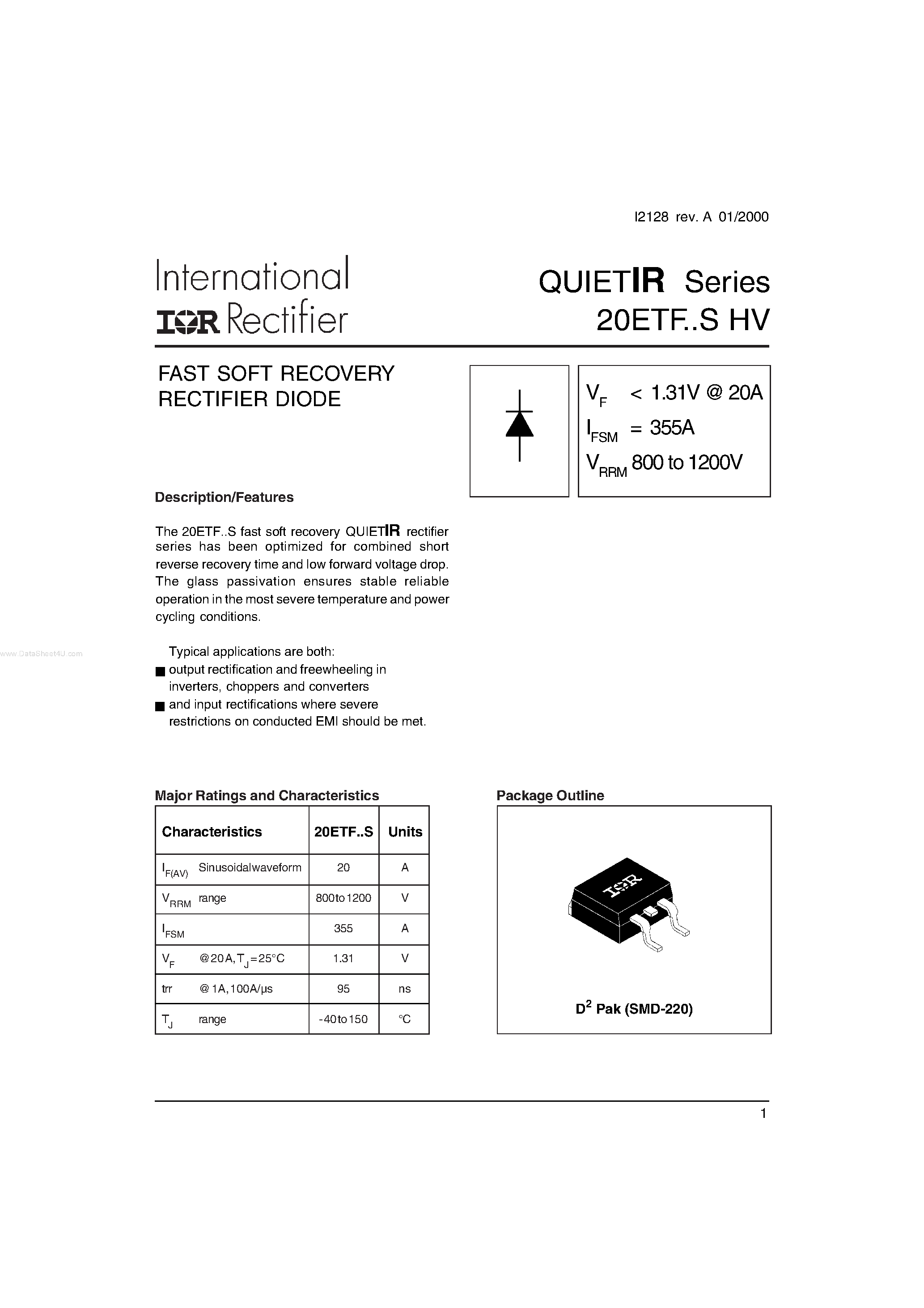 Datasheet 20ETF08S - (20ETFxxS) FAST SOFT RECOVERY RECTIFIER DIODE page 1
