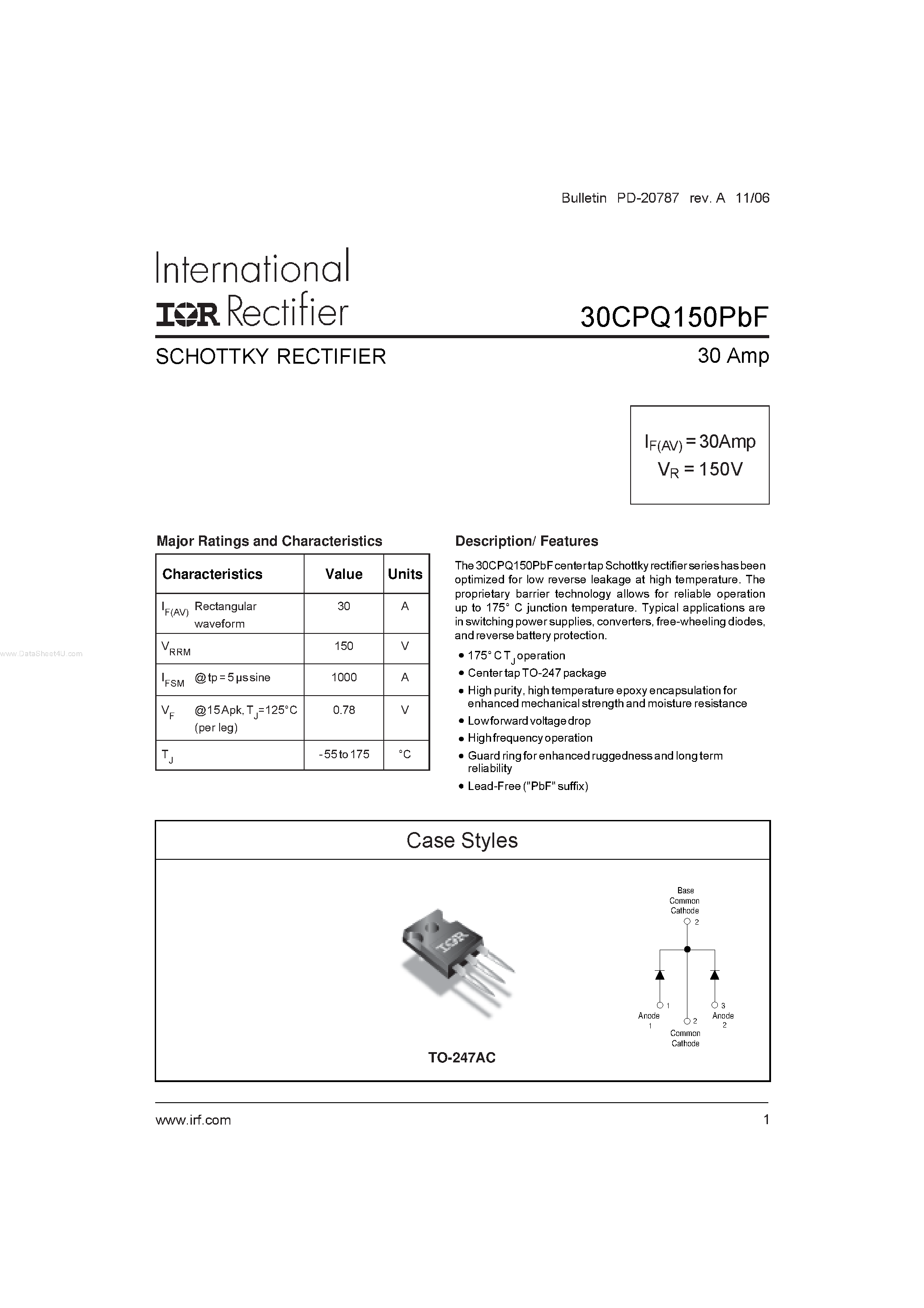 Datasheet 30CPQ150PBF page 1 Datasheet 30CPQ150PBF - SCHOTTKY RECTIFIER page 1