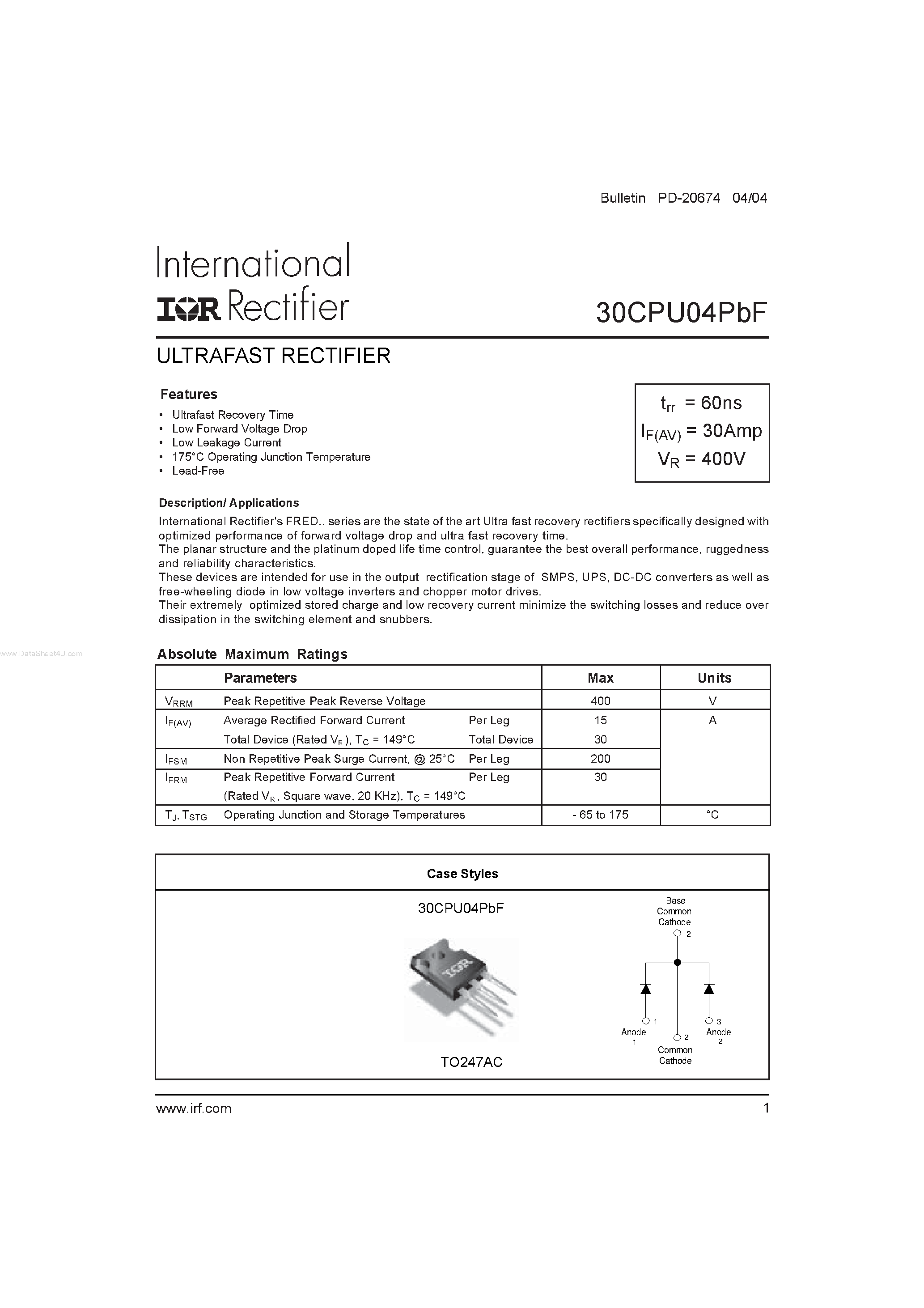 Datasheet 30CPU04PBF - ULTRAFAST RECTIFIER page 1