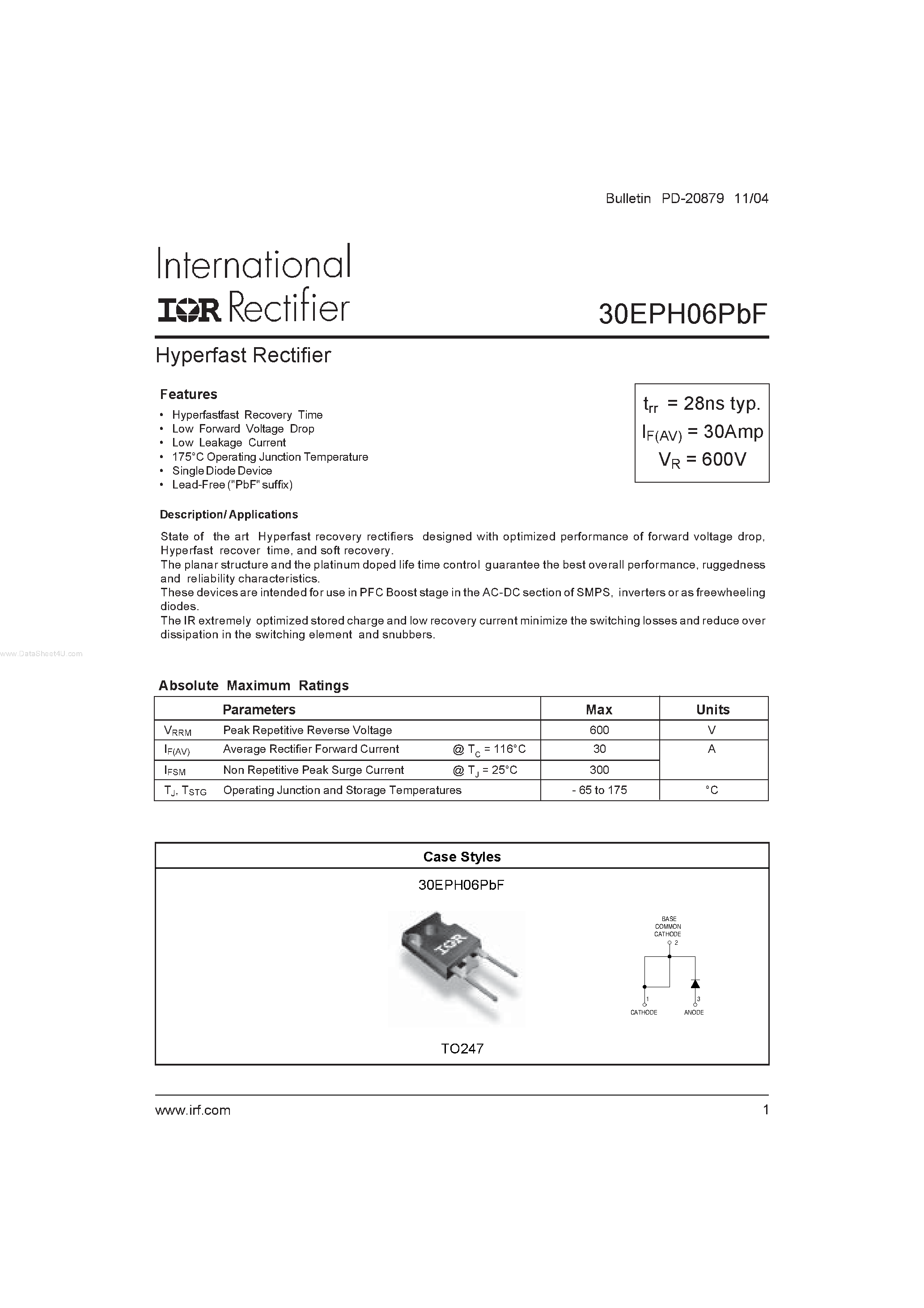 Datasheet 30EPH06PBF - Hyperfast Rectifier page 1