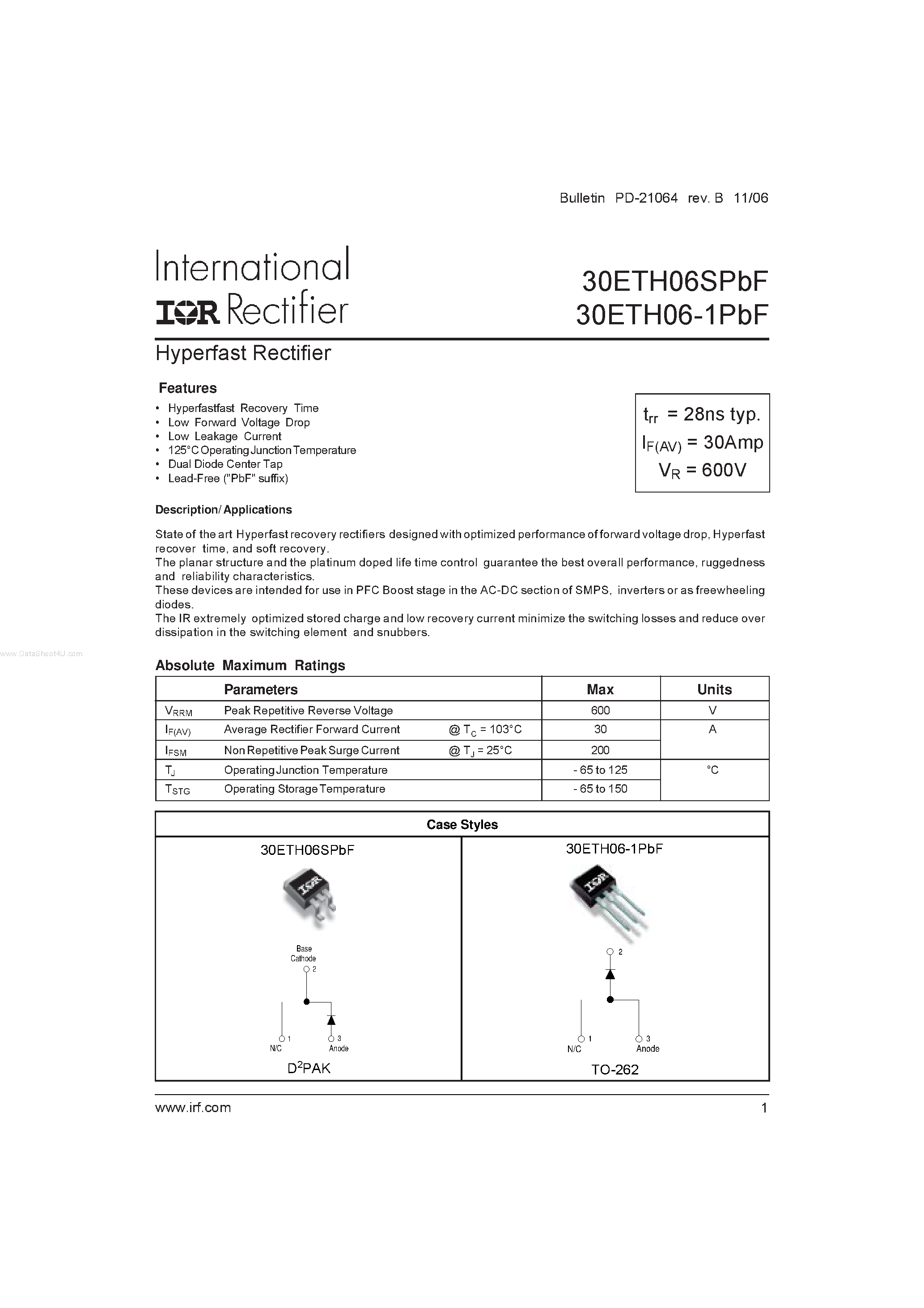 Datasheet 30ETH06-1PBF - Hyperfast Rectifier page 1