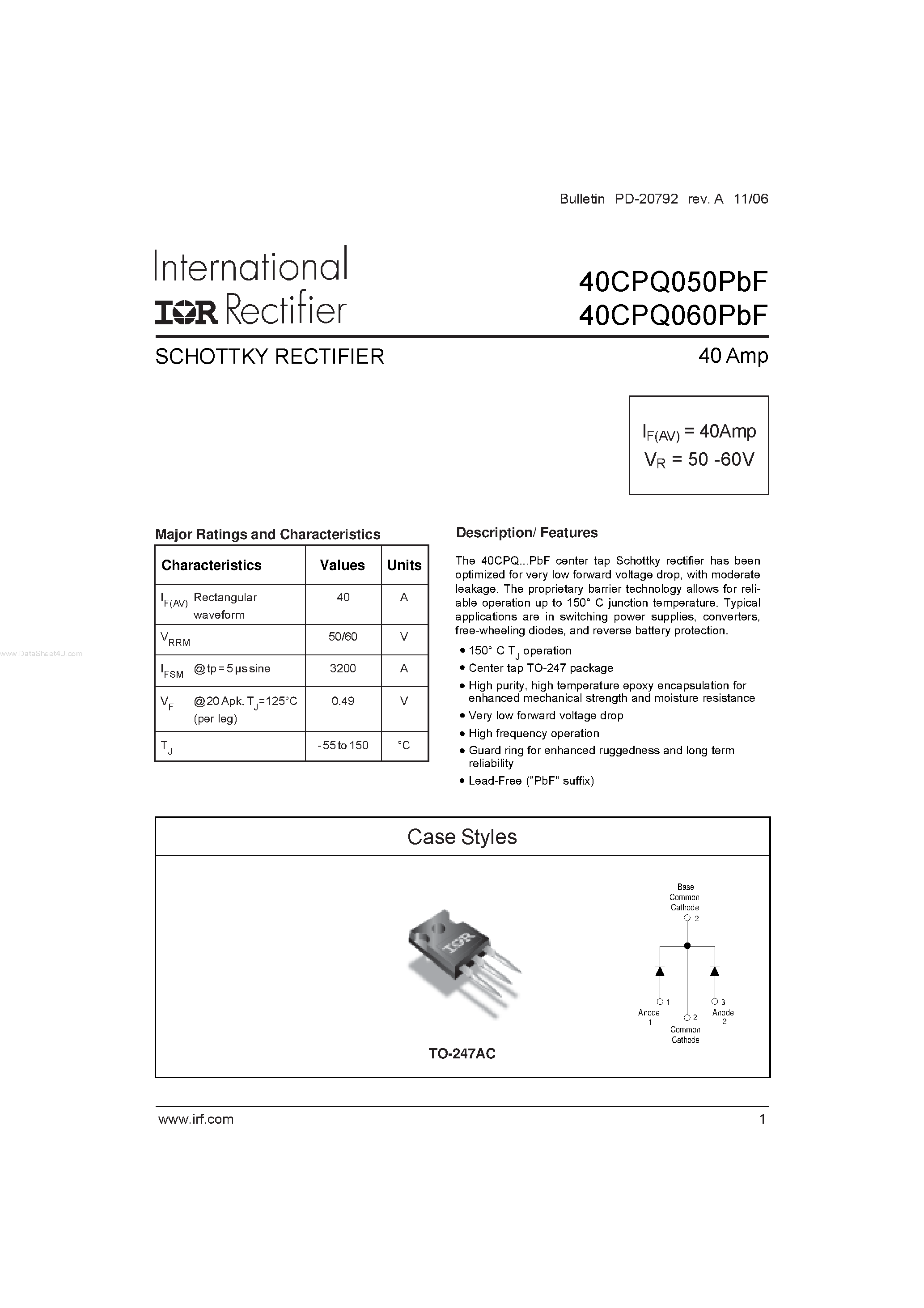 Datasheet 40CPQ050PBF page 1 Datasheet 40CPQ050PBF - (40CPQ050PBF / 40CPQ060PBF) SCHOTTKY RECTIFIER page 1