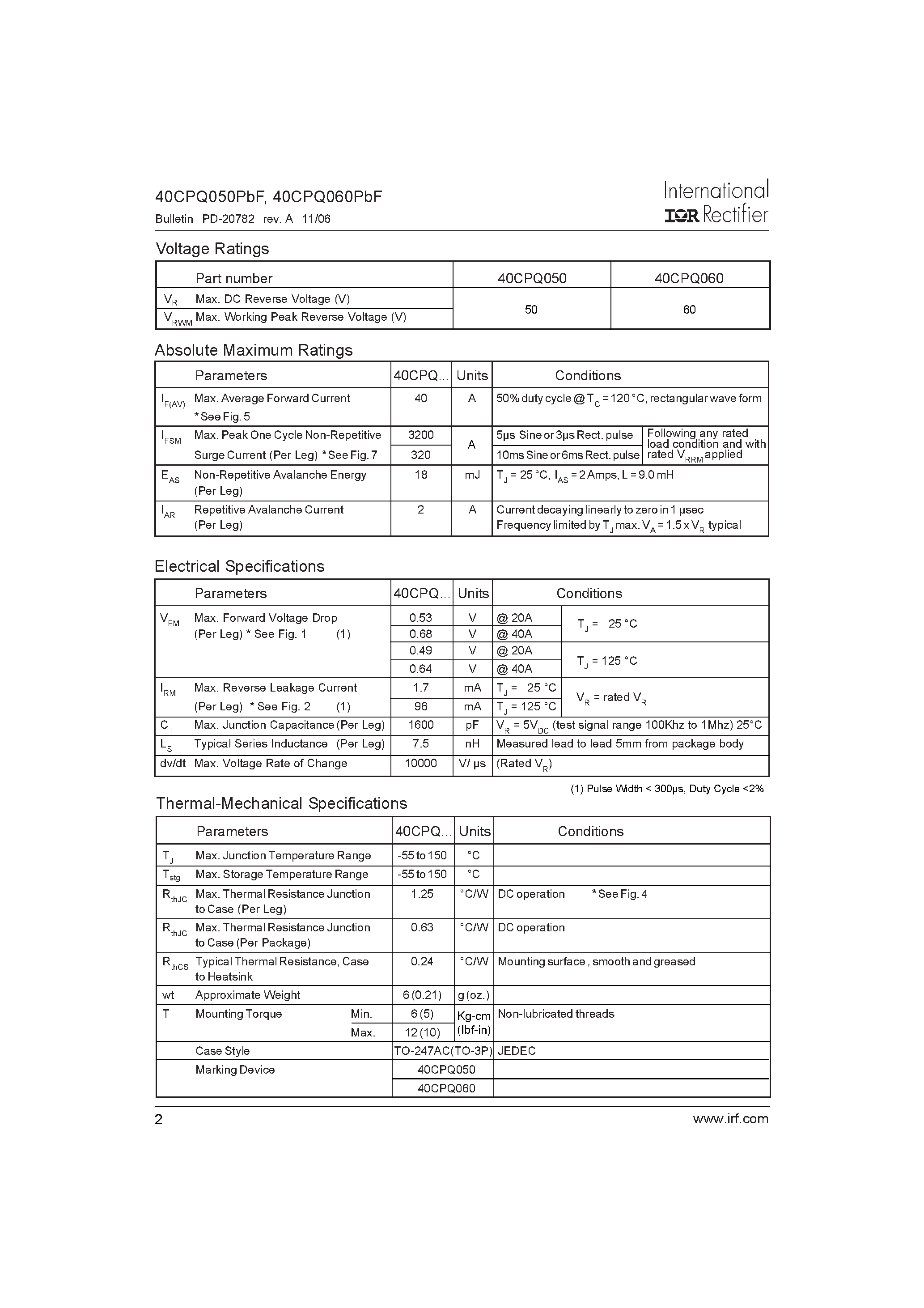 Datasheet 40CPQ050PBF page 2 Datasheet 40CPQ050PBF - (40CPQ050PBF / 40CPQ060PBF) SCHOTTKY RECTIFIER page 2