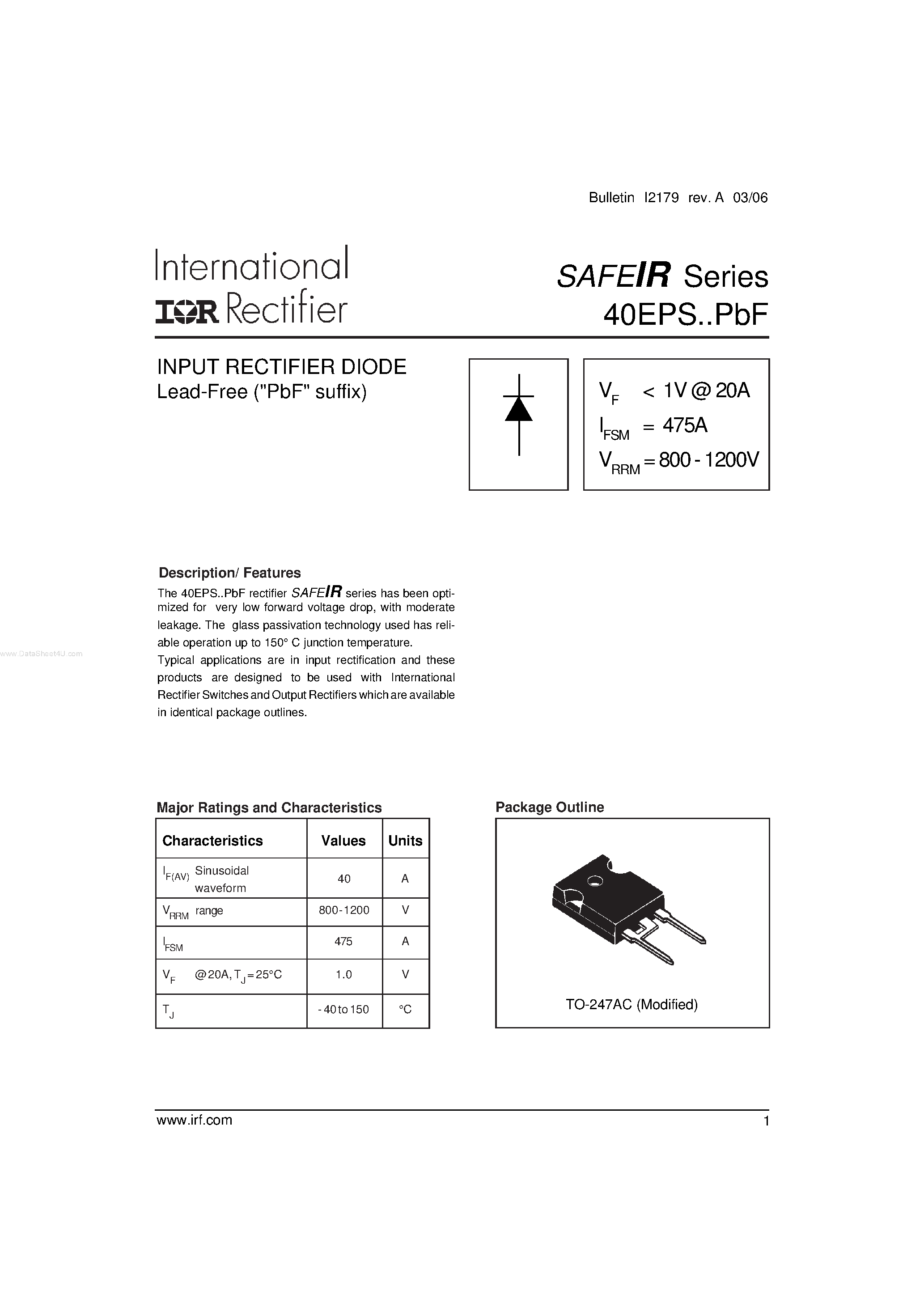 Datasheet 40EPS08PBF page 1 Datasheet 40EPS08PBF - (40EPSxxPBF) INPUT RECTIFIER DIODE page 1