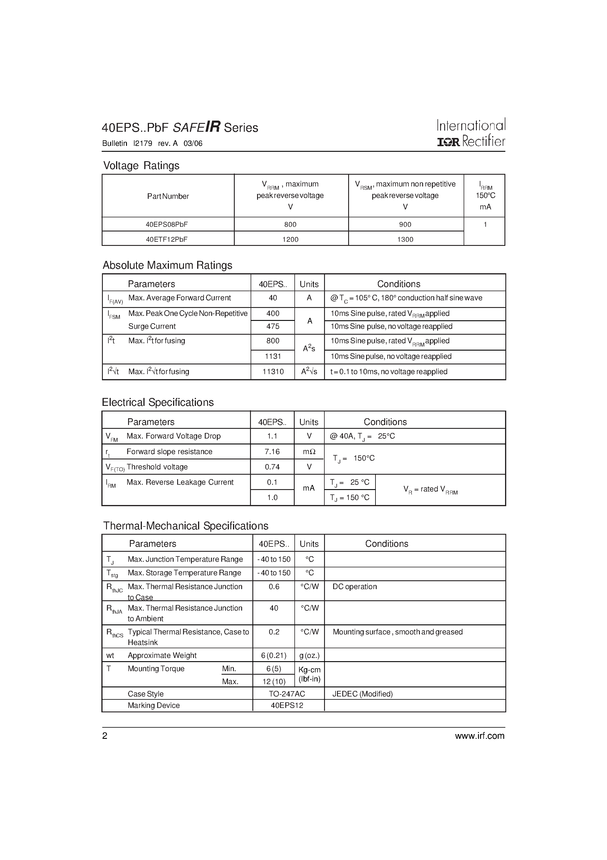 Datasheet 40EPS08PBF page 2 Datasheet 40EPS08PBF - (40EPSxxPBF) INPUT RECTIFIER DIODE page 2