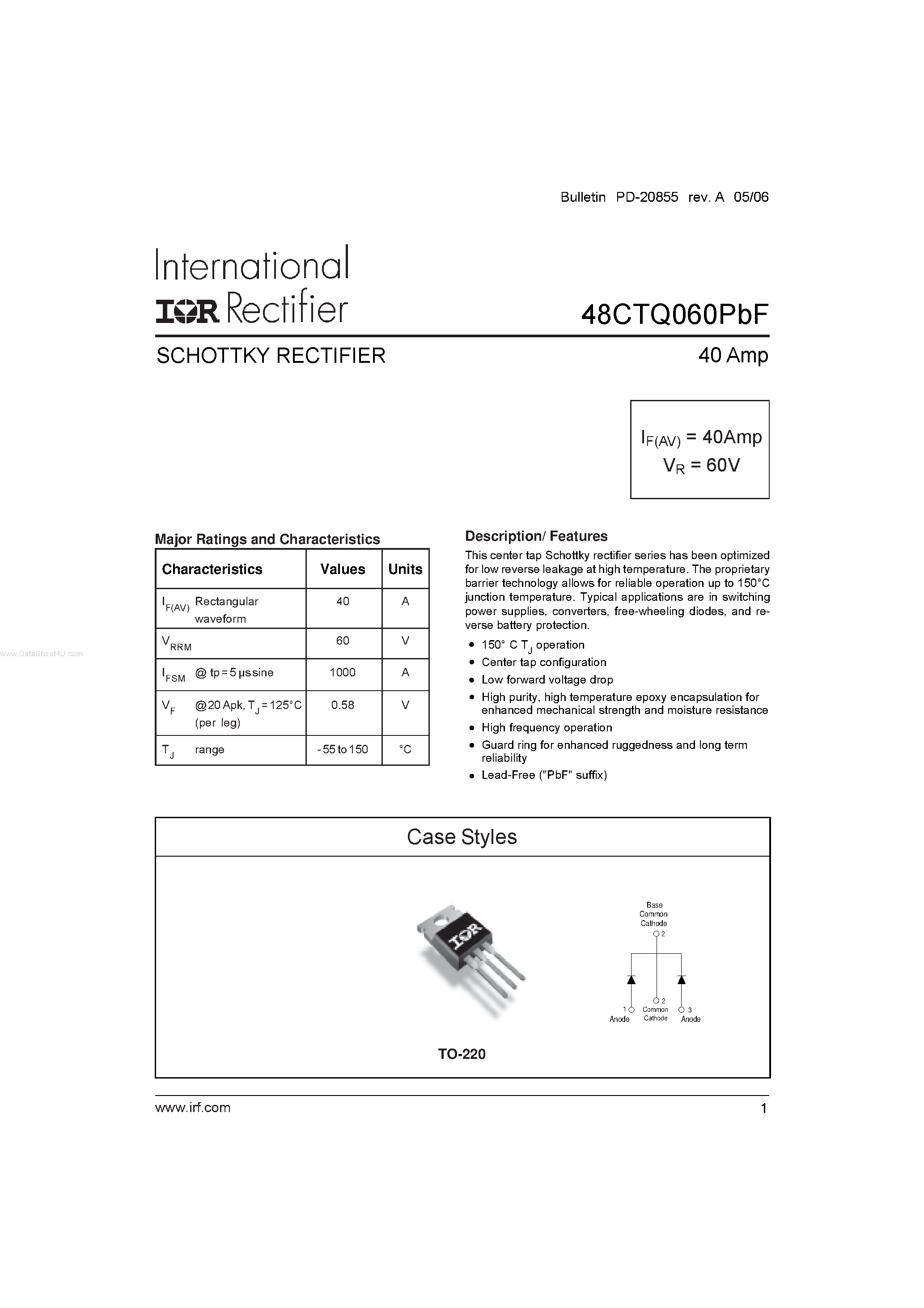 Datasheet 48CTQ060PBF - SCHOTTKY RECTIFIER page 1