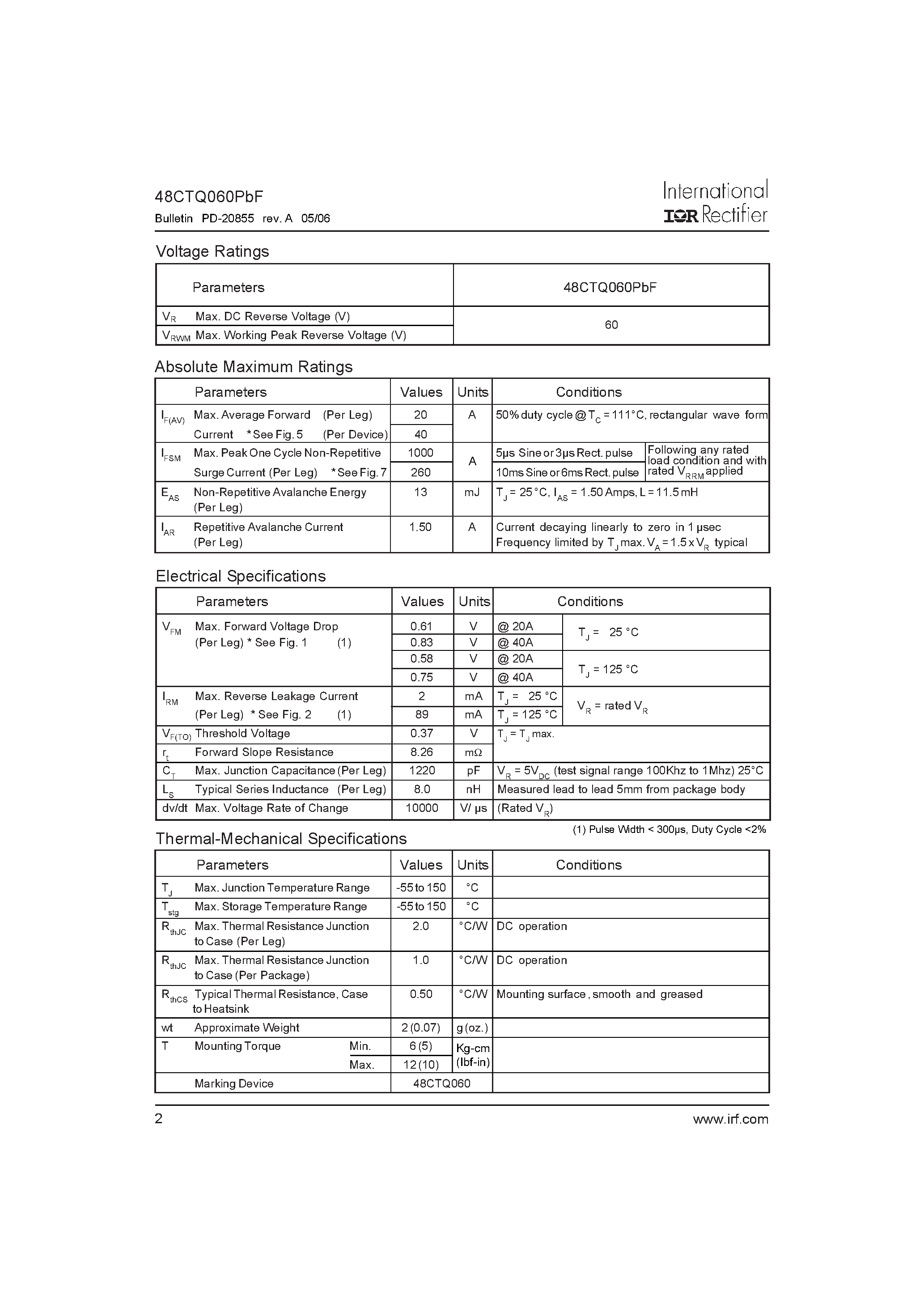 Datasheet 48CTQ060PBF - SCHOTTKY RECTIFIER page 2