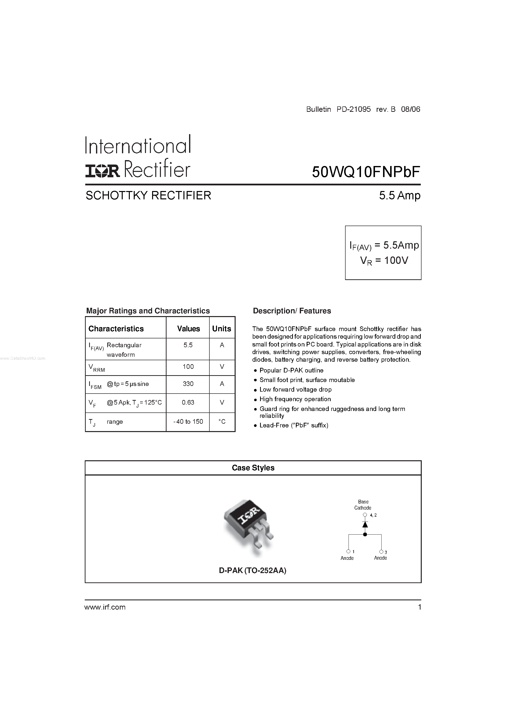 Datasheet 50WQ10FNPBF - SCHOTTKY RECTIFIER page 1