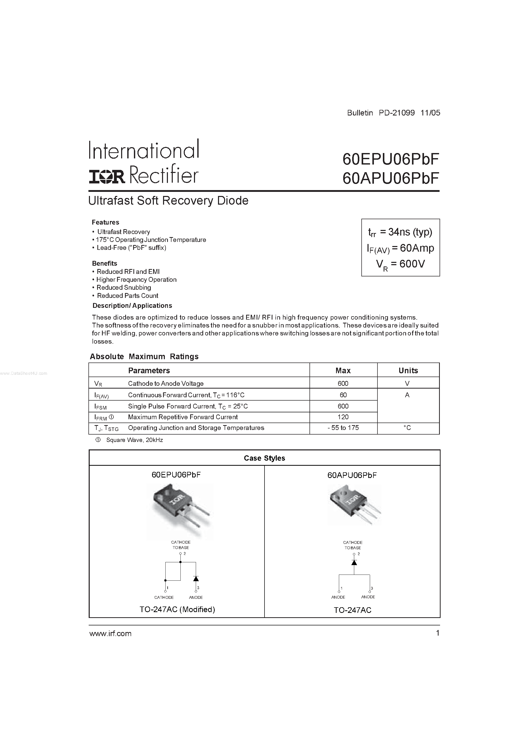 Datasheet 60EPU06PbF page 1 Datasheet 60EPU06PbF - Ultrafast Soft Recovery Diode page 1