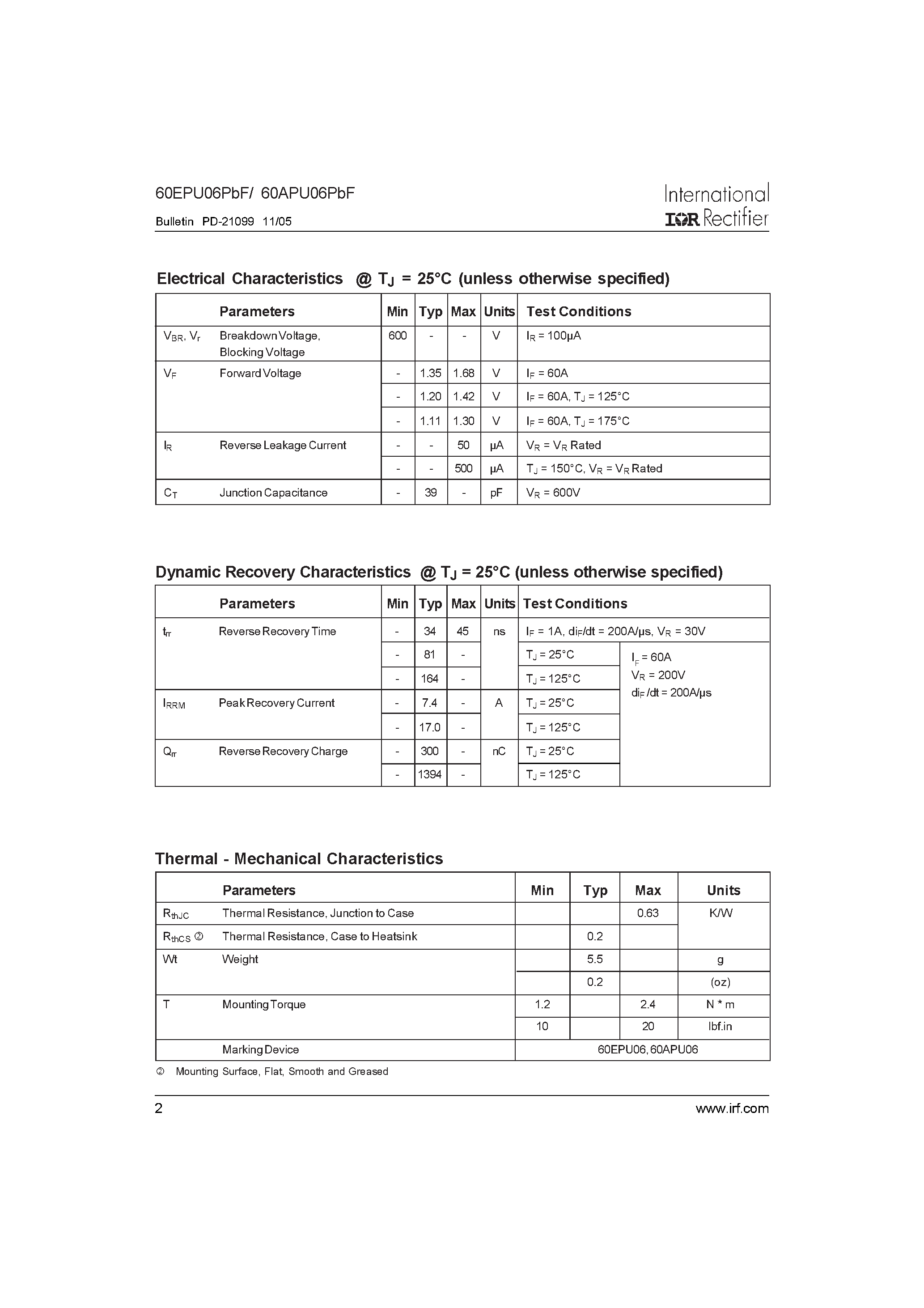 Datasheet 60EPU06PbF page 2 Datasheet 60EPU06PbF - Ultrafast Soft Recovery Diode page 2