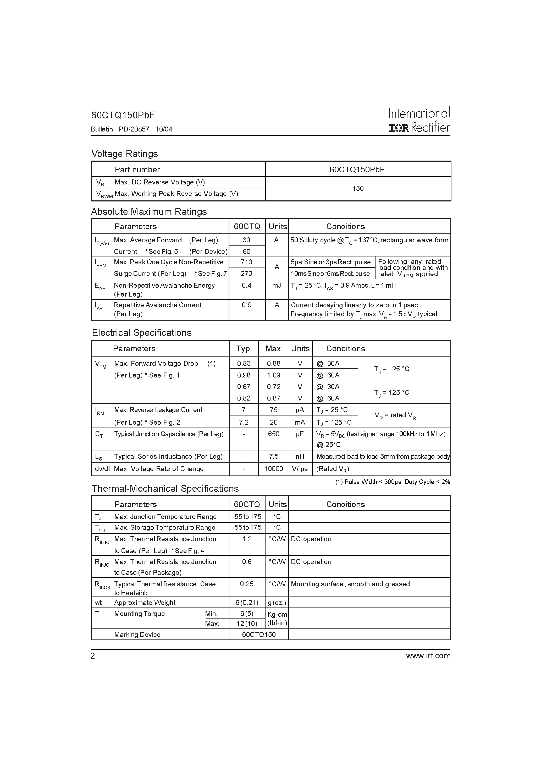 Datasheet 60CTQ150PBF - SCHOTTKY RECTIFIER page 2