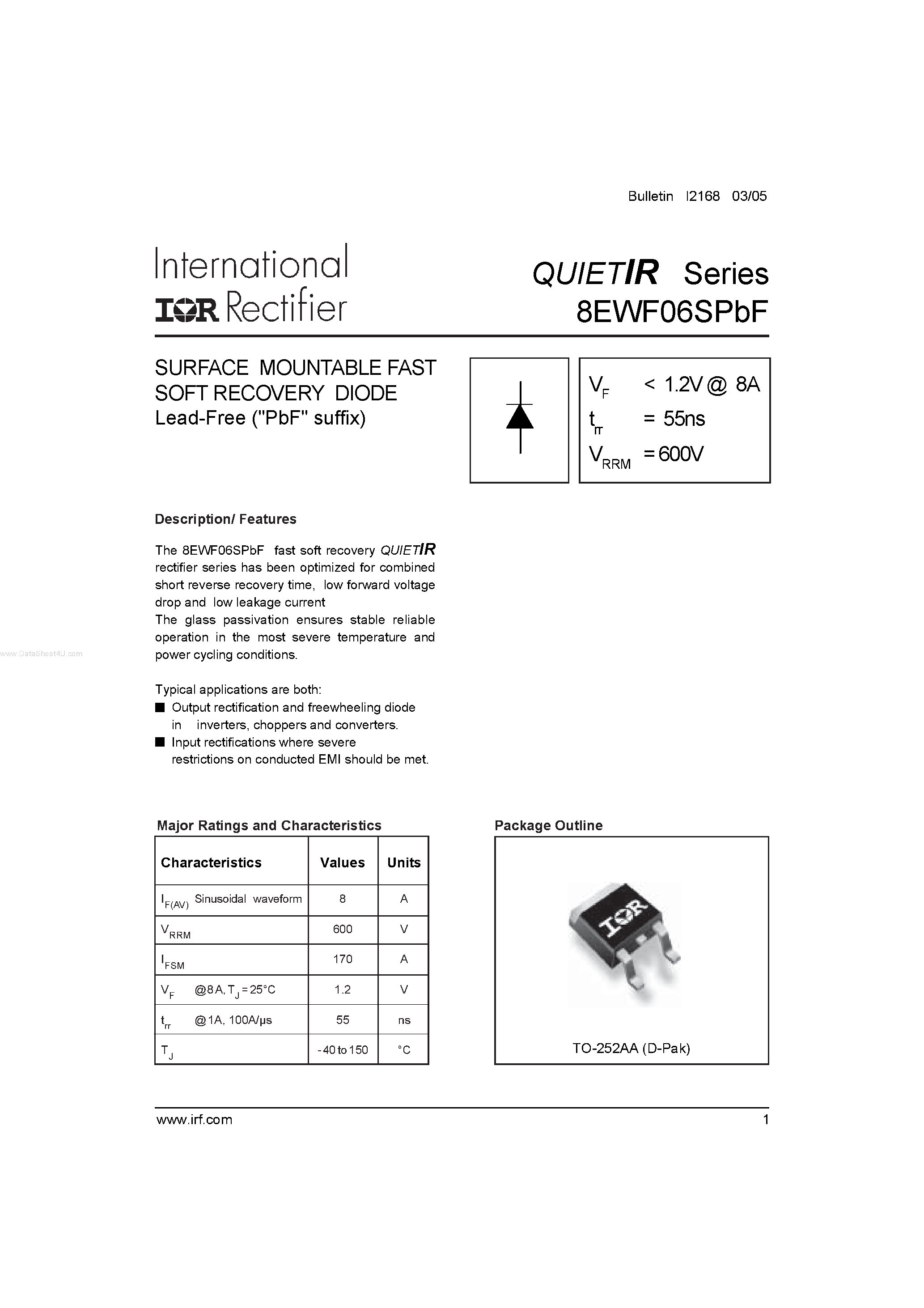 Datasheet 8EWF06SPBF - SURFACE MOUNTABLE FAST SOFT RECOVERY DIODE page 1