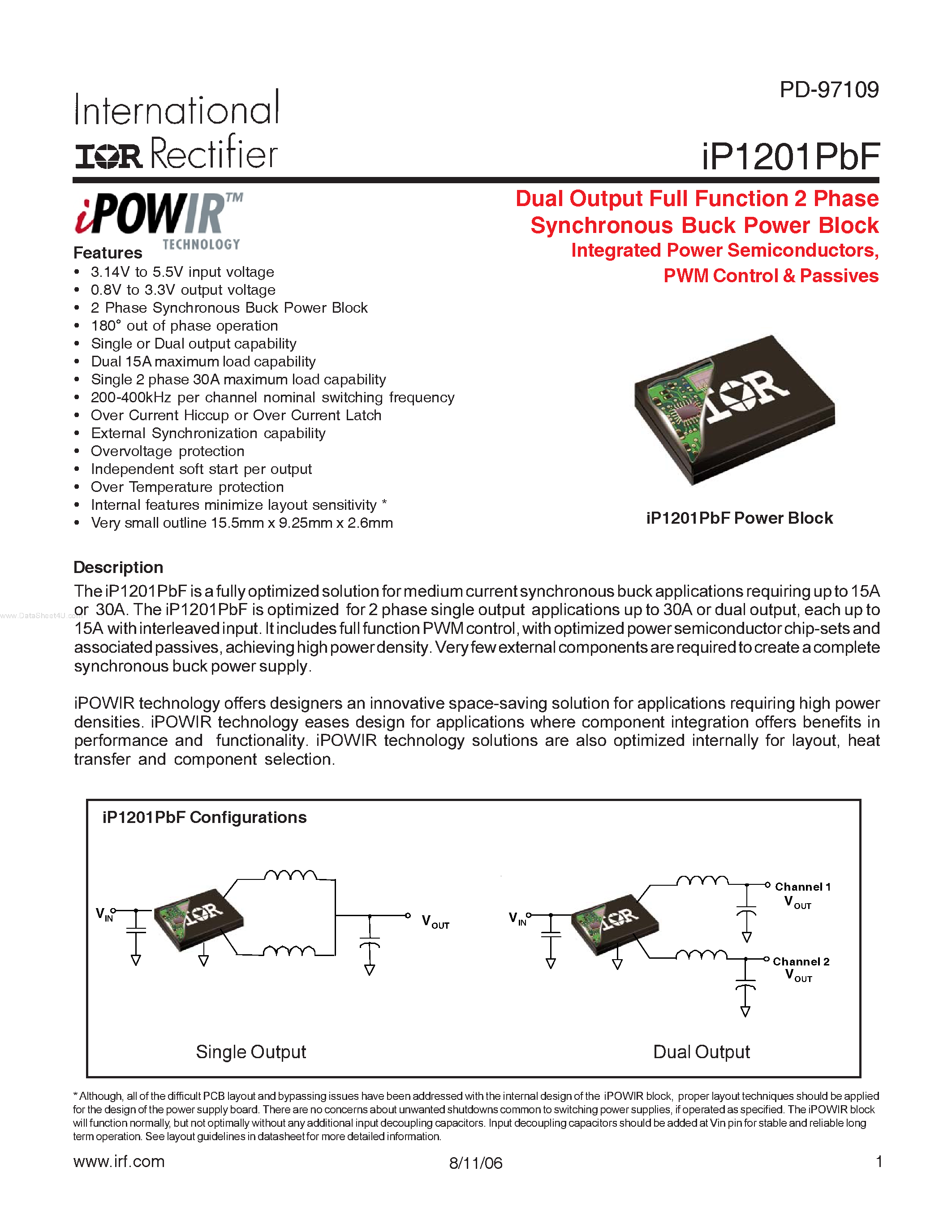 Даташит IP1201PBF - Dual Output Full Function 2 Phase Synchronous Buck Power Block Integrated Power Semiconductors страница 1