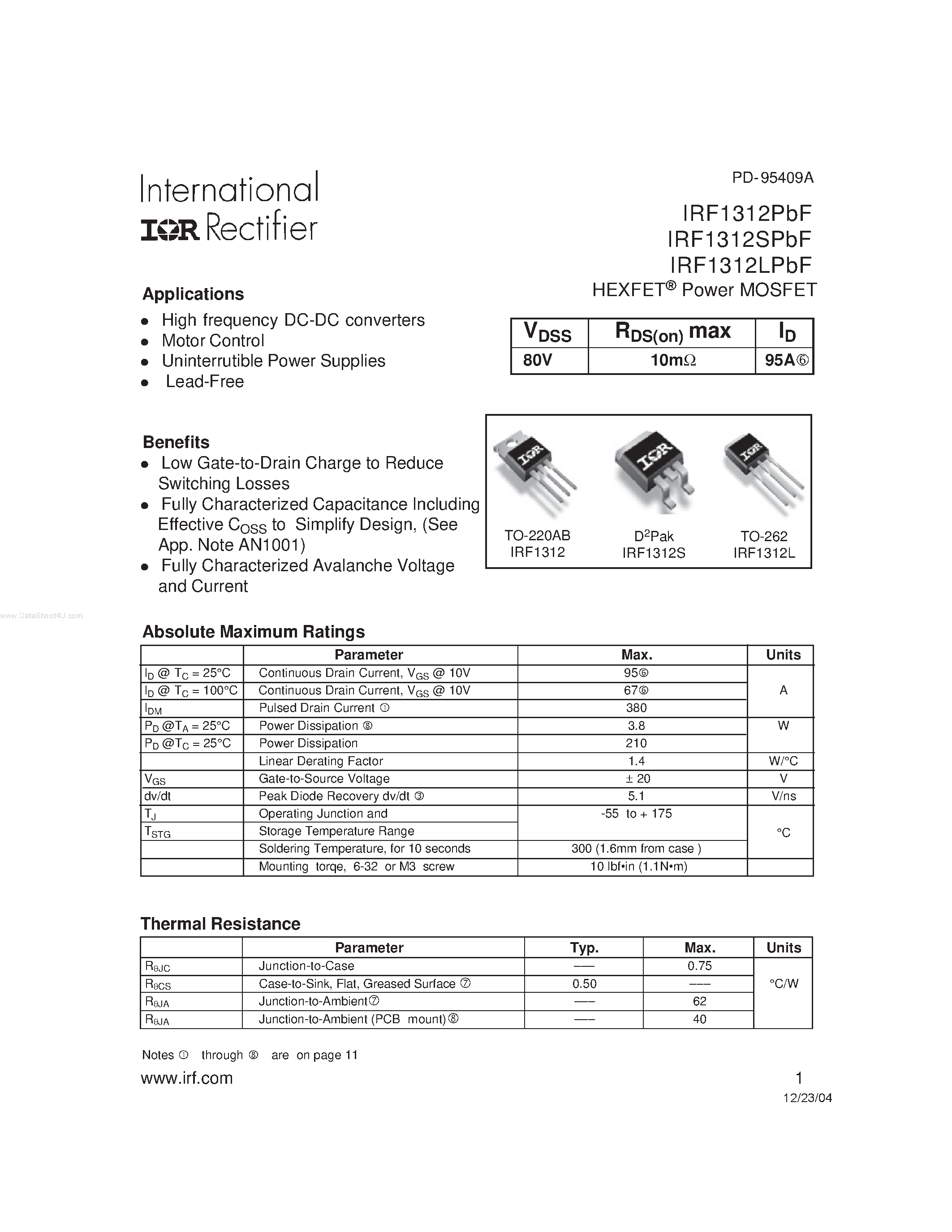 Даташит IRF1312LPbF-(IRF1312xPbF) HEXFET Power MOSFET страница 1
