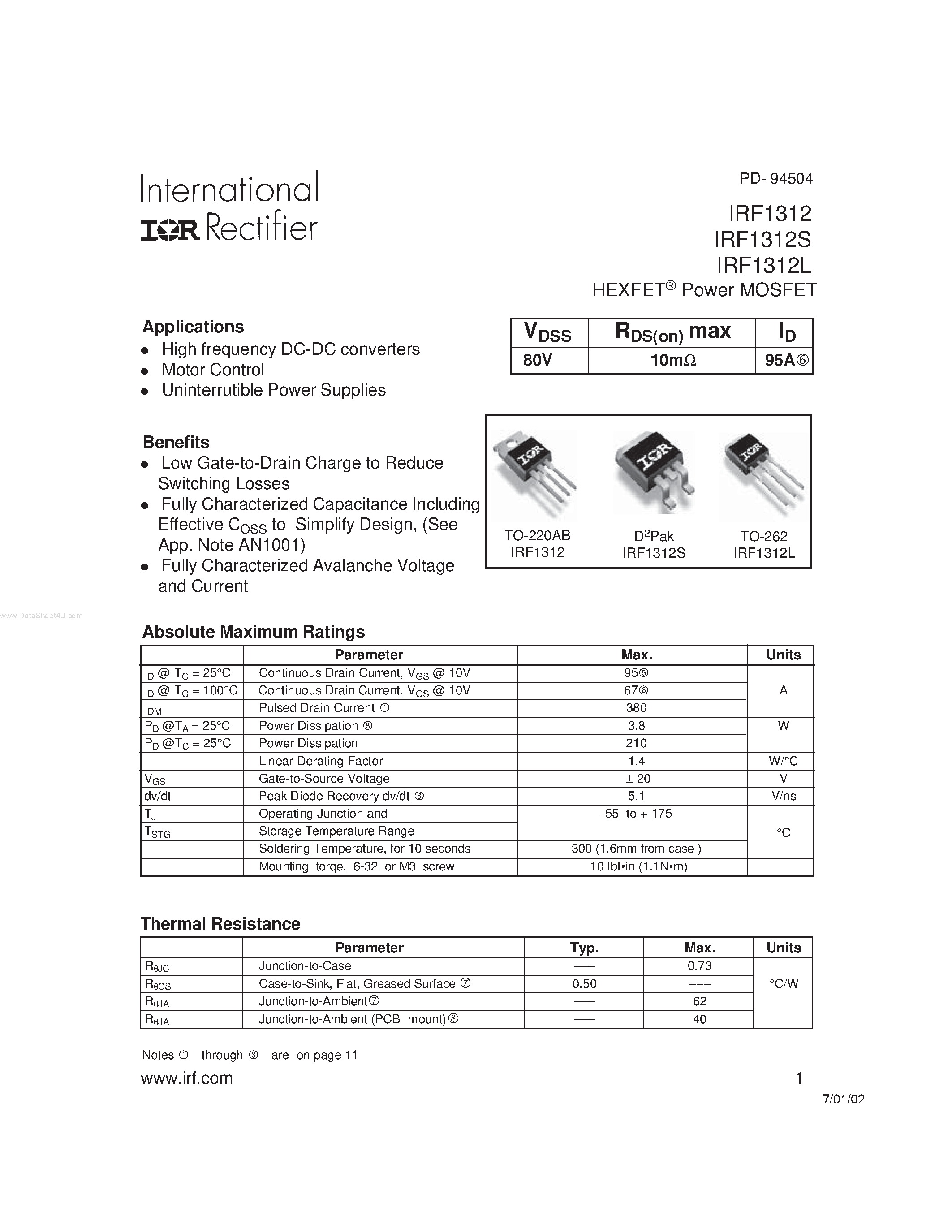 Даташит IRF1312 - (IRF1312x) HEXFET Power MOSFET страница 1