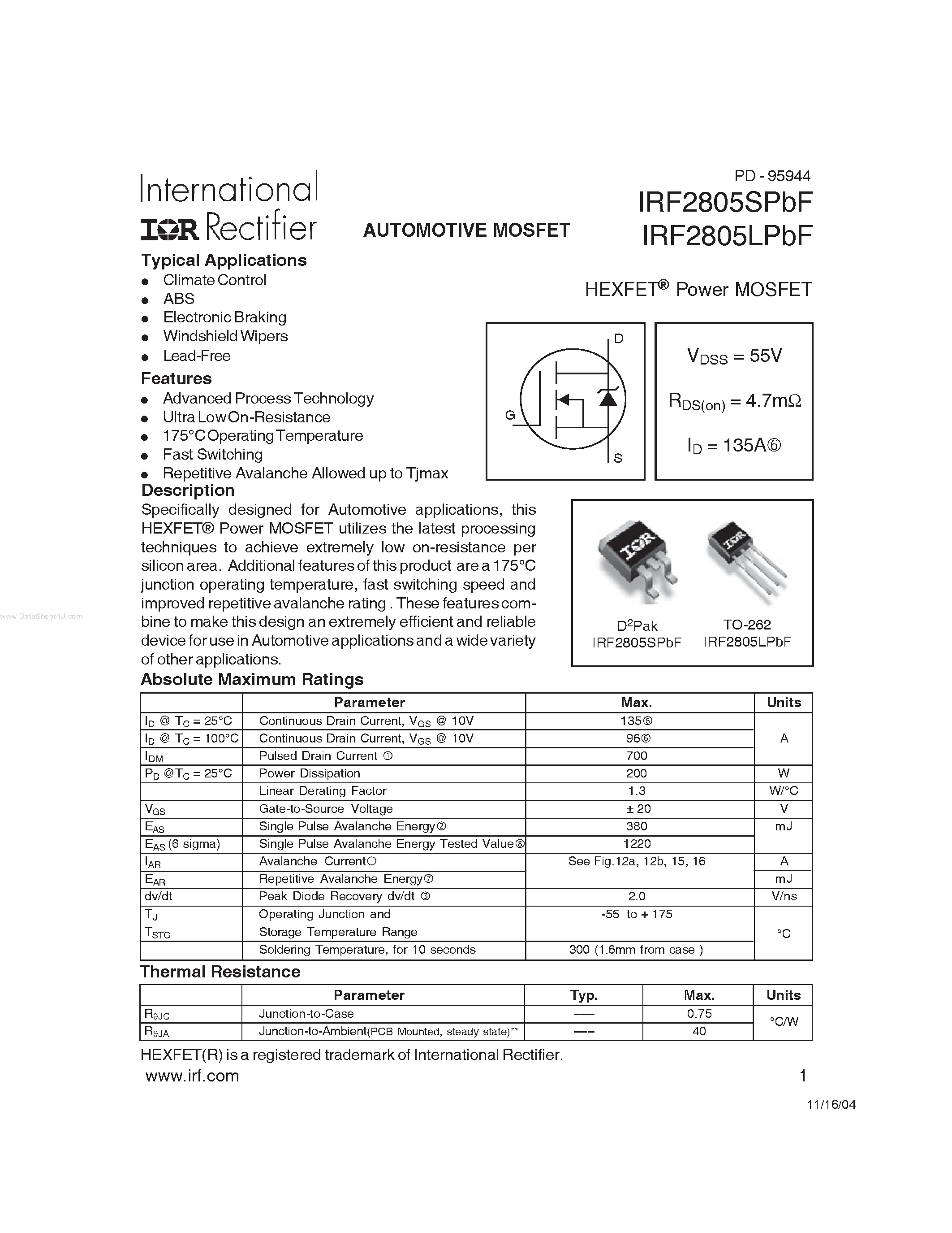 Datasheet IRF2805LPbF - HEXFET Power MOSFET page 1