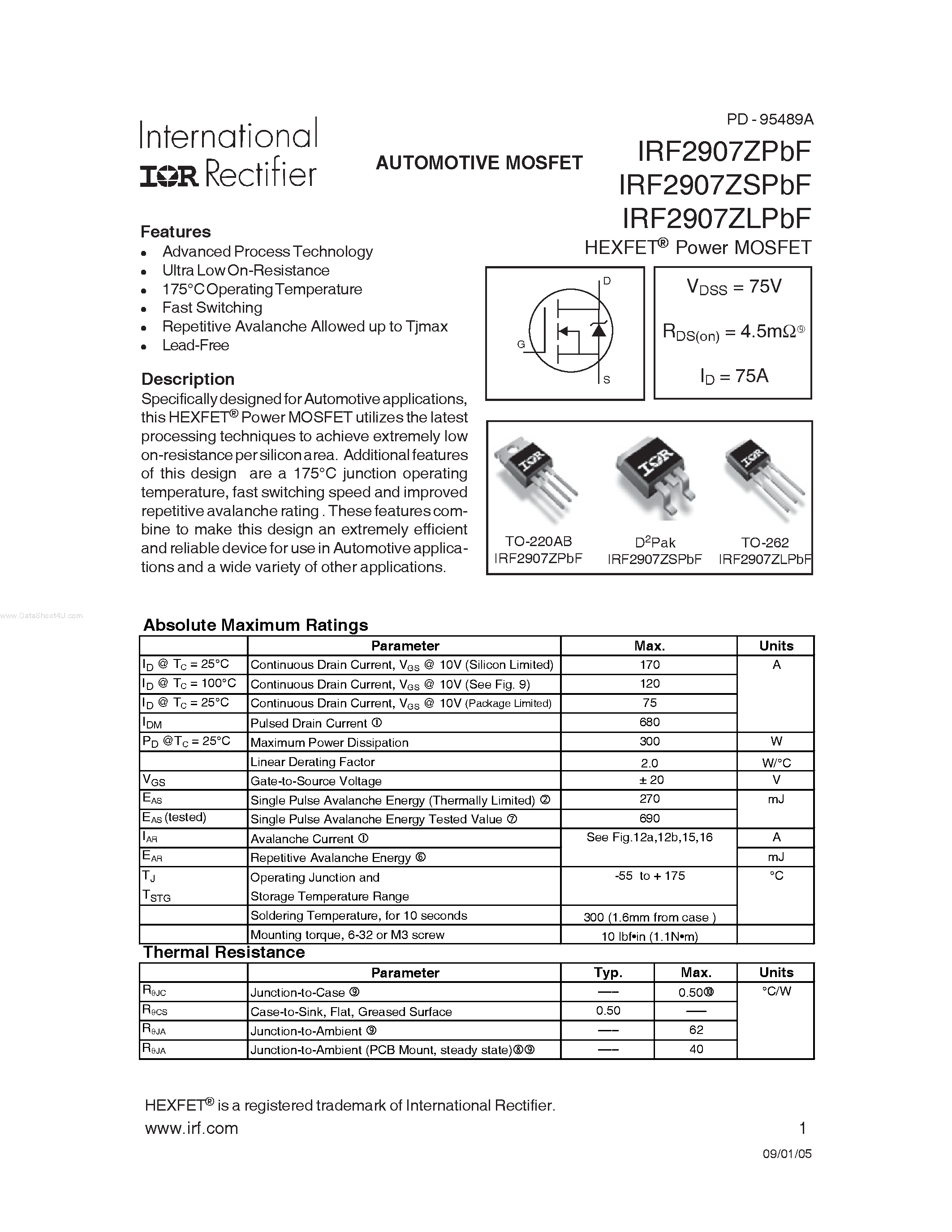 Datasheet IRF2907LPbF - (IRF2907ZxPbF) HEXFET Power MOSFET page 1