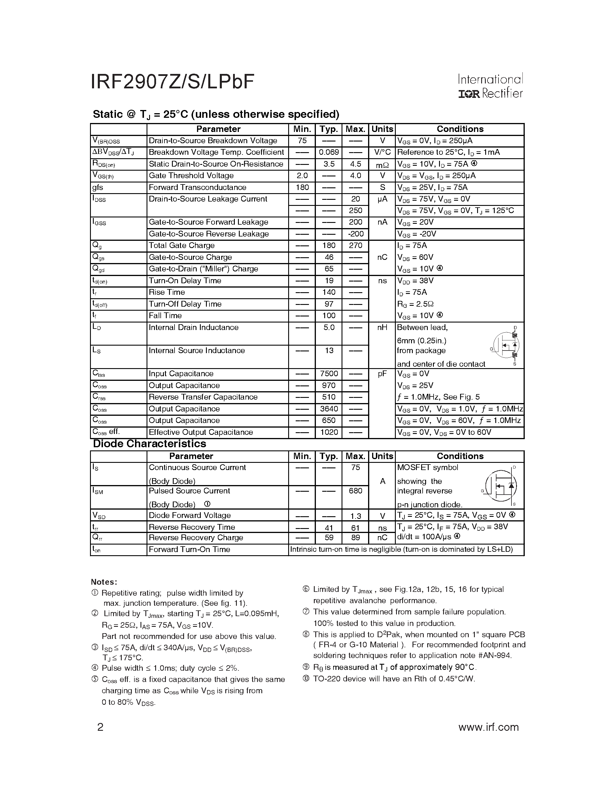 Datasheet IRF2907LPbF - (IRF2907ZxPbF) HEXFET Power MOSFET page 2