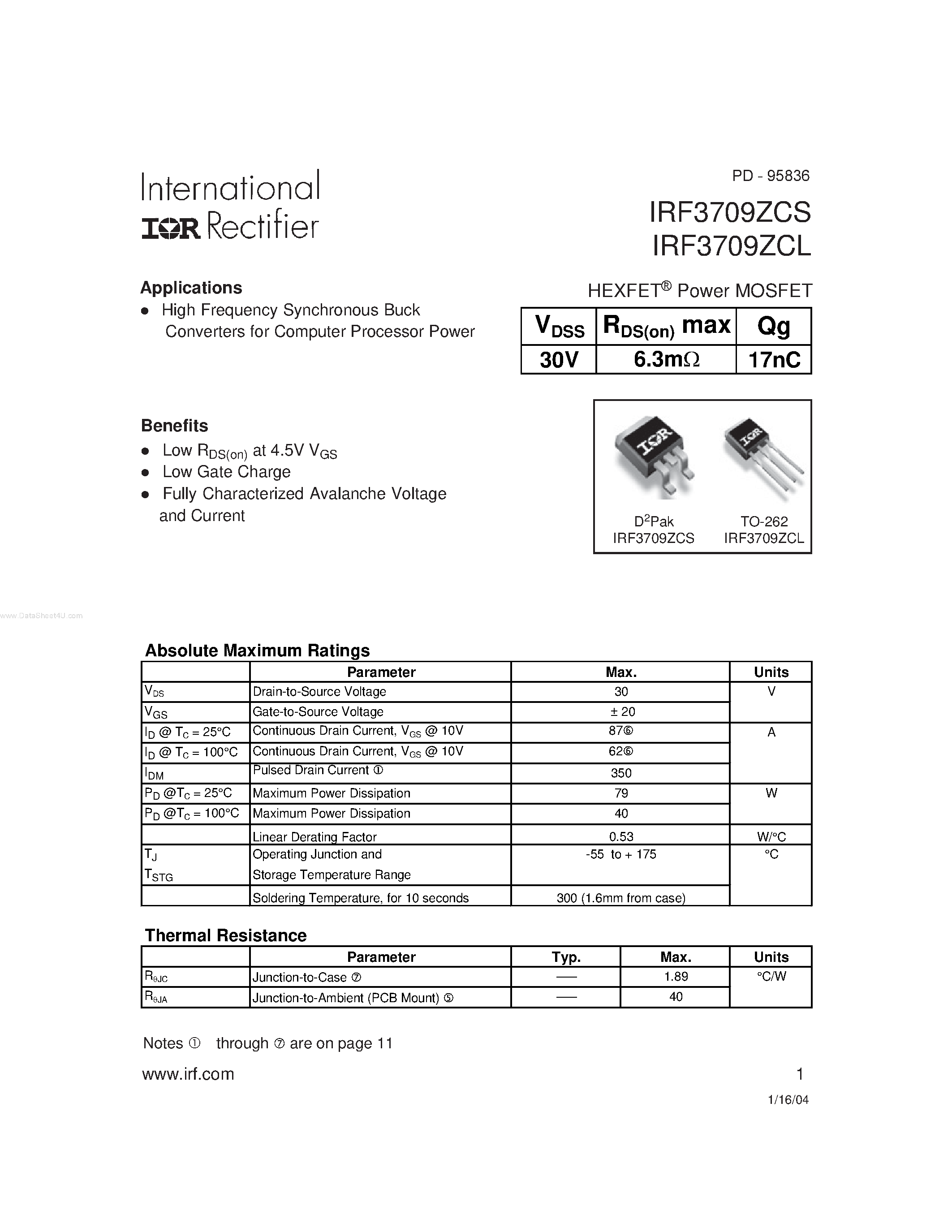 Datasheet IRF3709ZCL - HEXFET Power MOSFET page 1