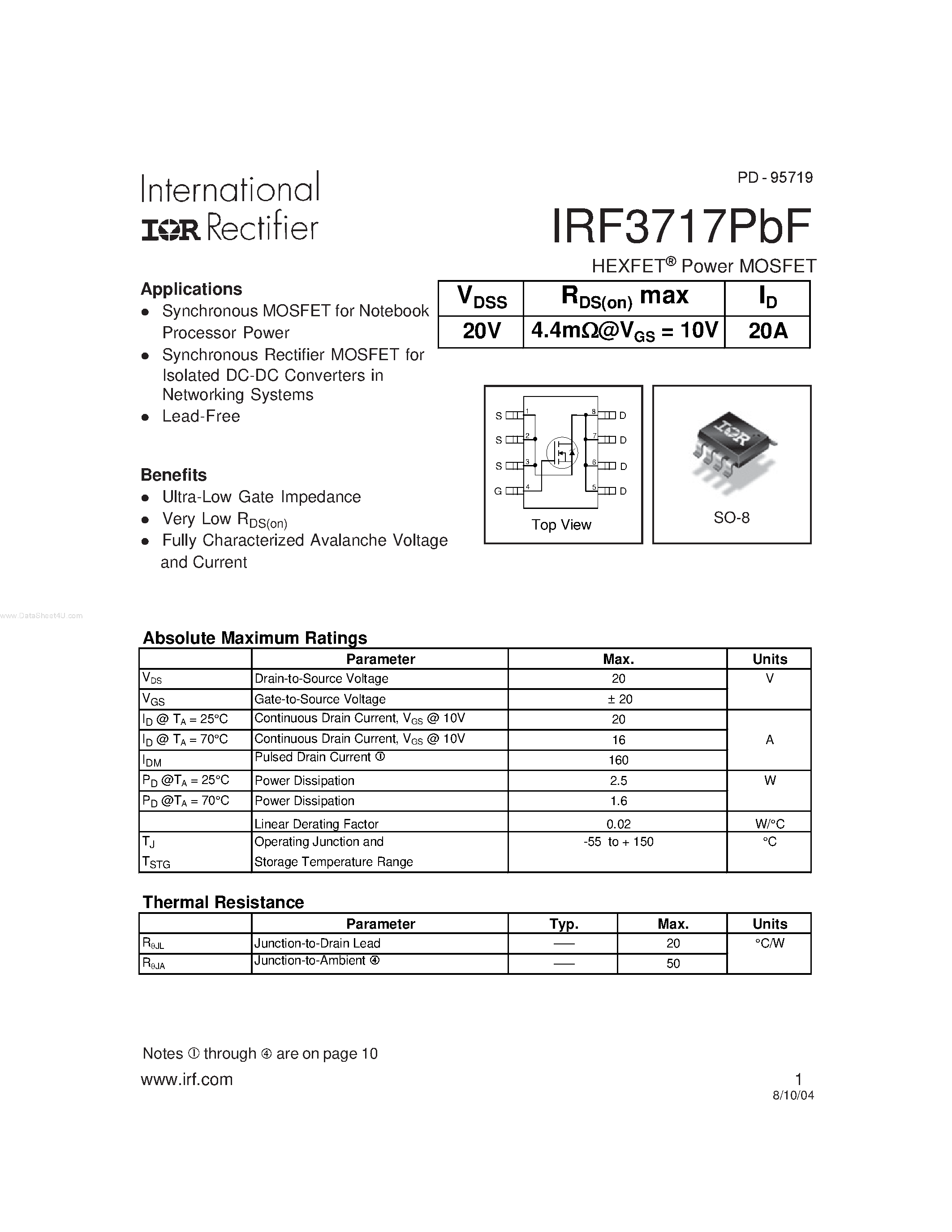Datasheet IRF3717PBF - HEXFET Power MOSFET page 1