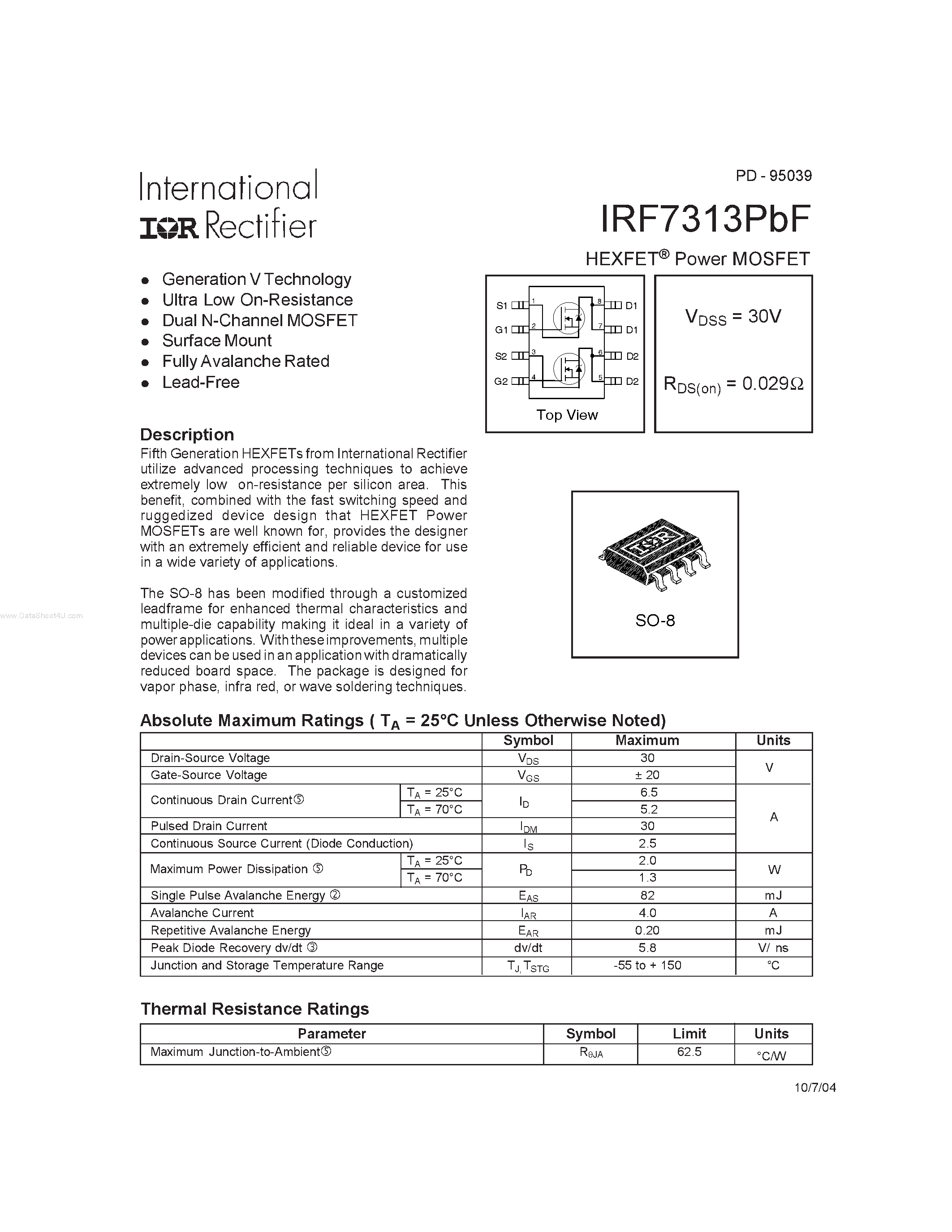 Datasheet IRF7313PBF - HEXFET Power MOSFET page 1