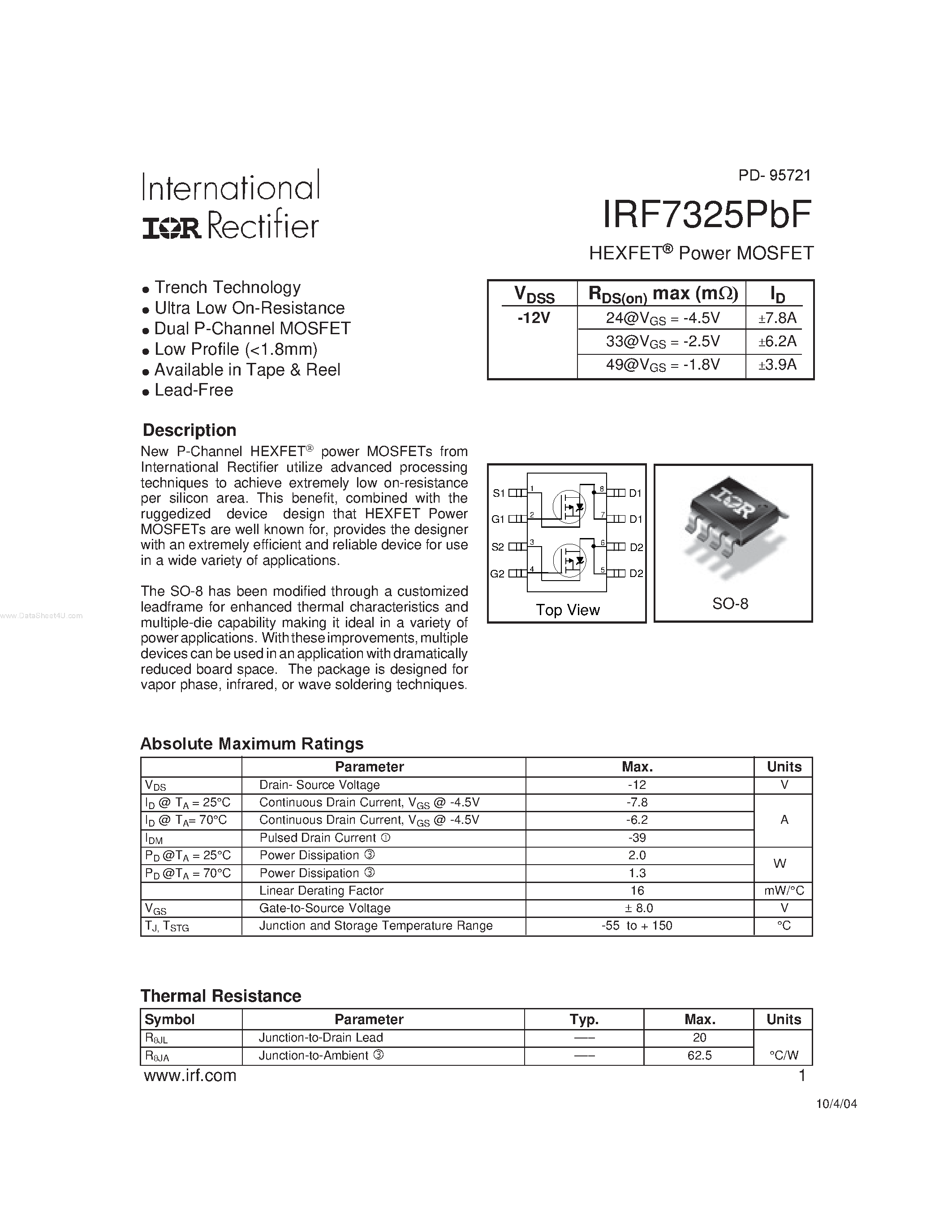 Datasheet IRF7325PBF page 1 Datasheet IRF7325PBF - HEXFET Power MOSFET page 1