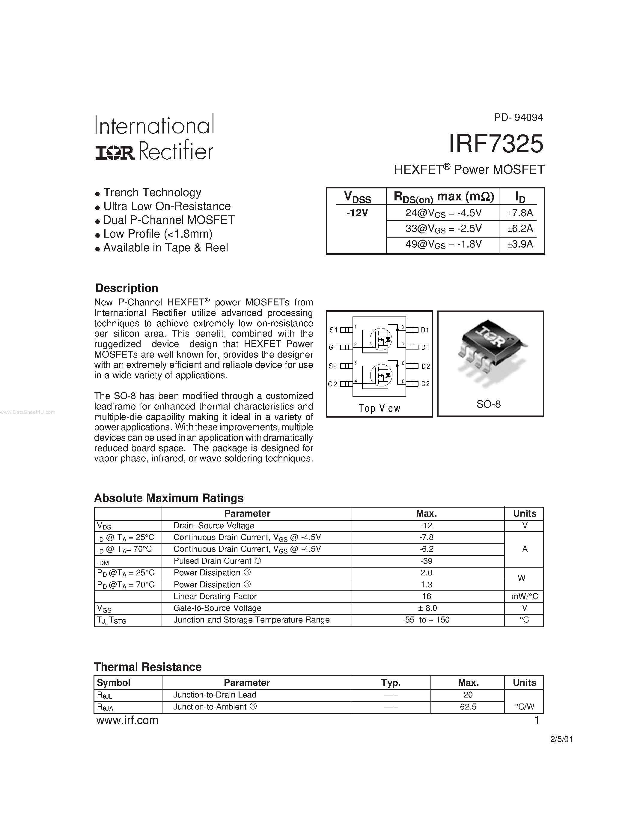 Datasheet IRF7325 - HEXFET Power MOSFET page 1