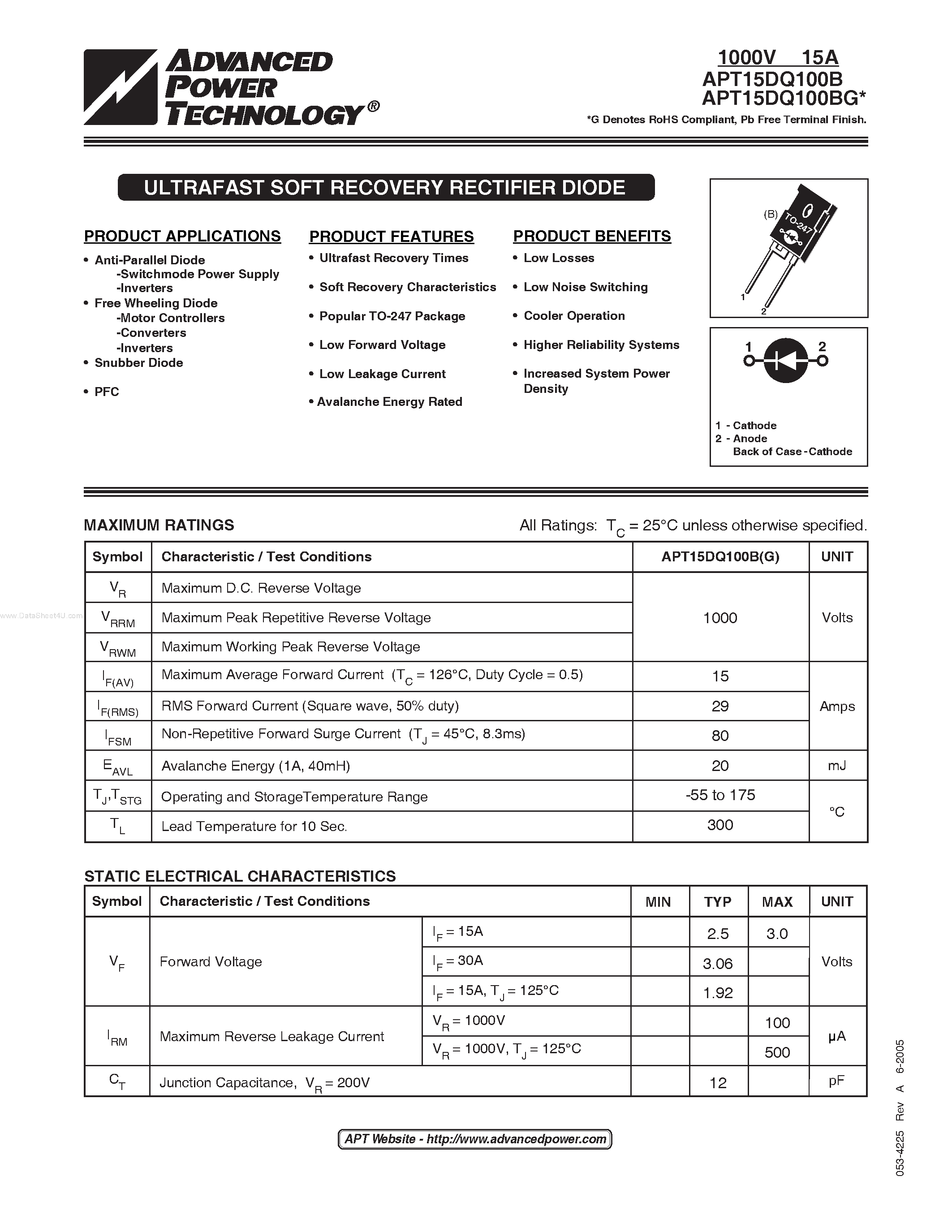 Datasheet APT15DQ100B - ULTRAFAST SOFT RECOVERY RECTIFIER DIODE page 1