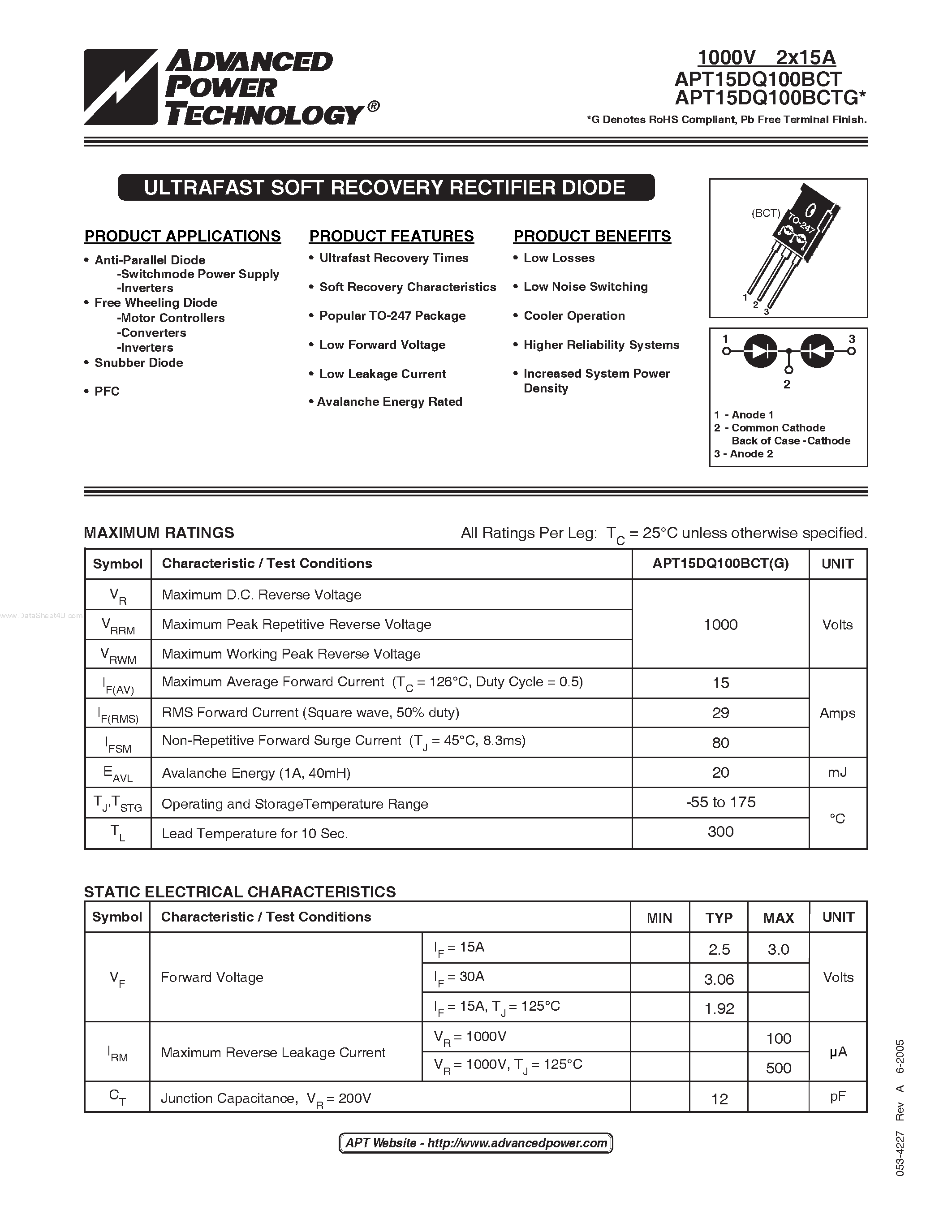 Datasheet APT15DQ100BCT page 1 Datasheet APT15DQ100BCT - ULTRAFAST SOFT RECOVERY RECTIFIER DIODE page 1