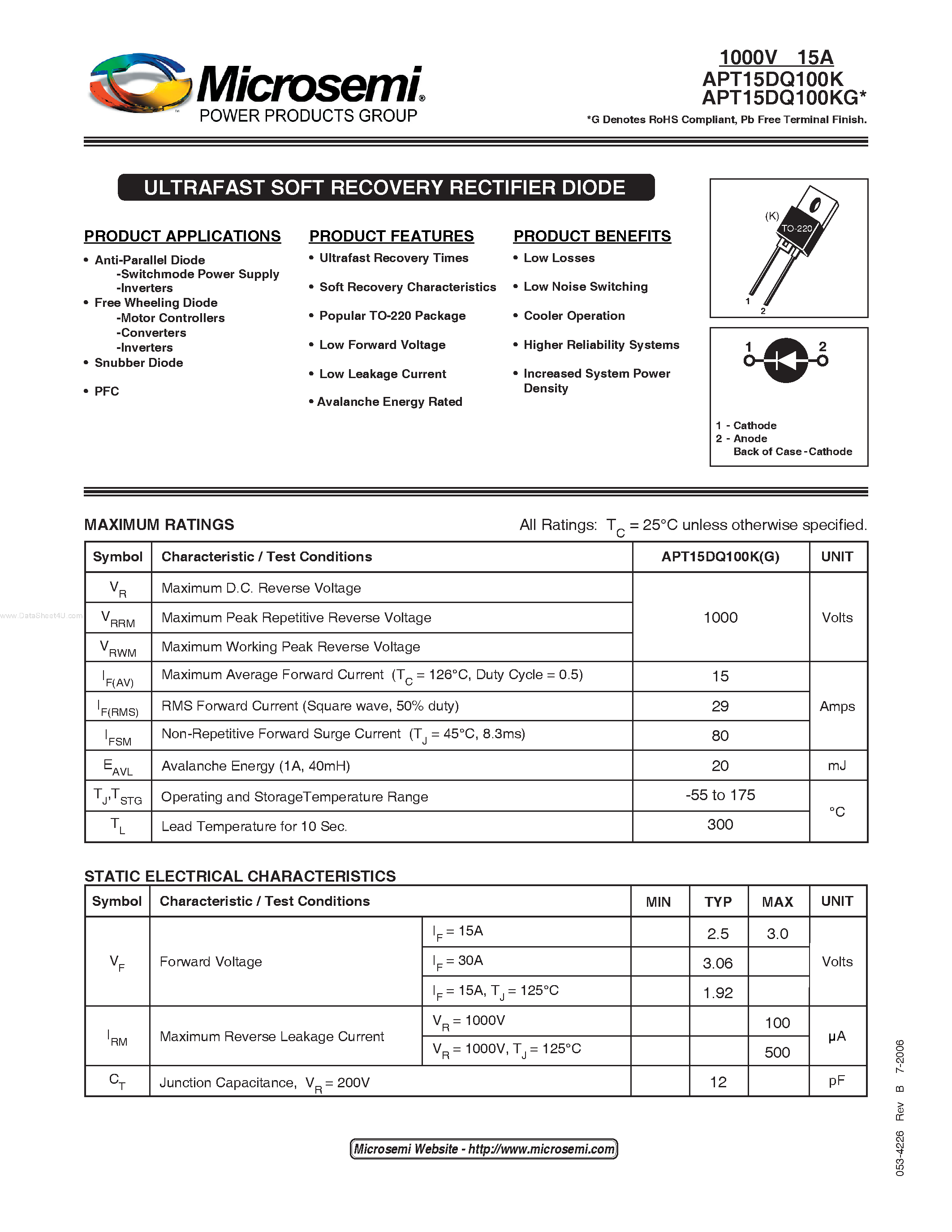 Datasheet APT15DQ100K page 1 Datasheet APT15DQ100K - ULTRAFAST SOFT RECOVERY RECTIFIER DIODE page 1
