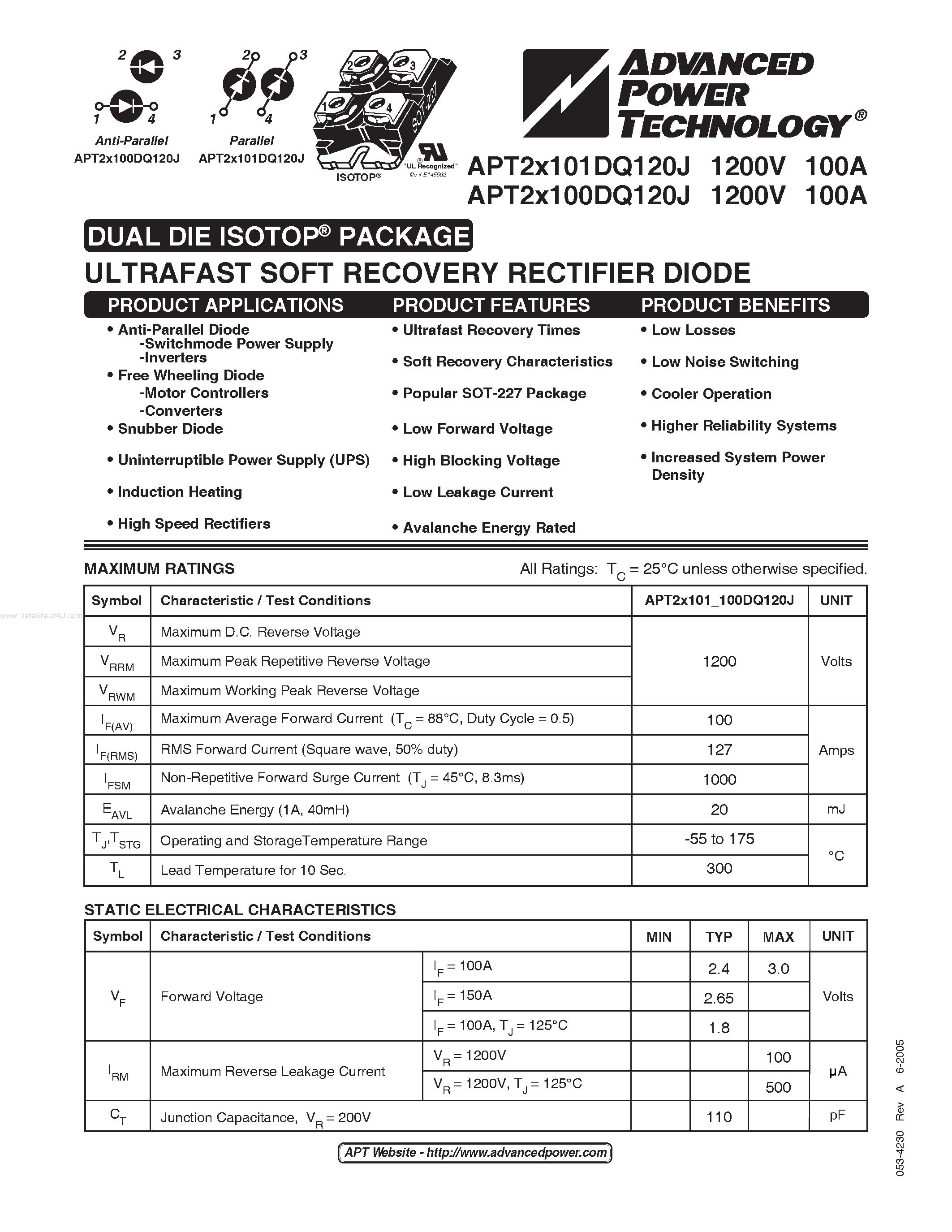 Datasheet APT2x100DQ120J - (APT2x100DQ120J / APT2x101DQ120J) ULTRAFAST SOFT RECOVERY RECTIFIER DIODE page 1