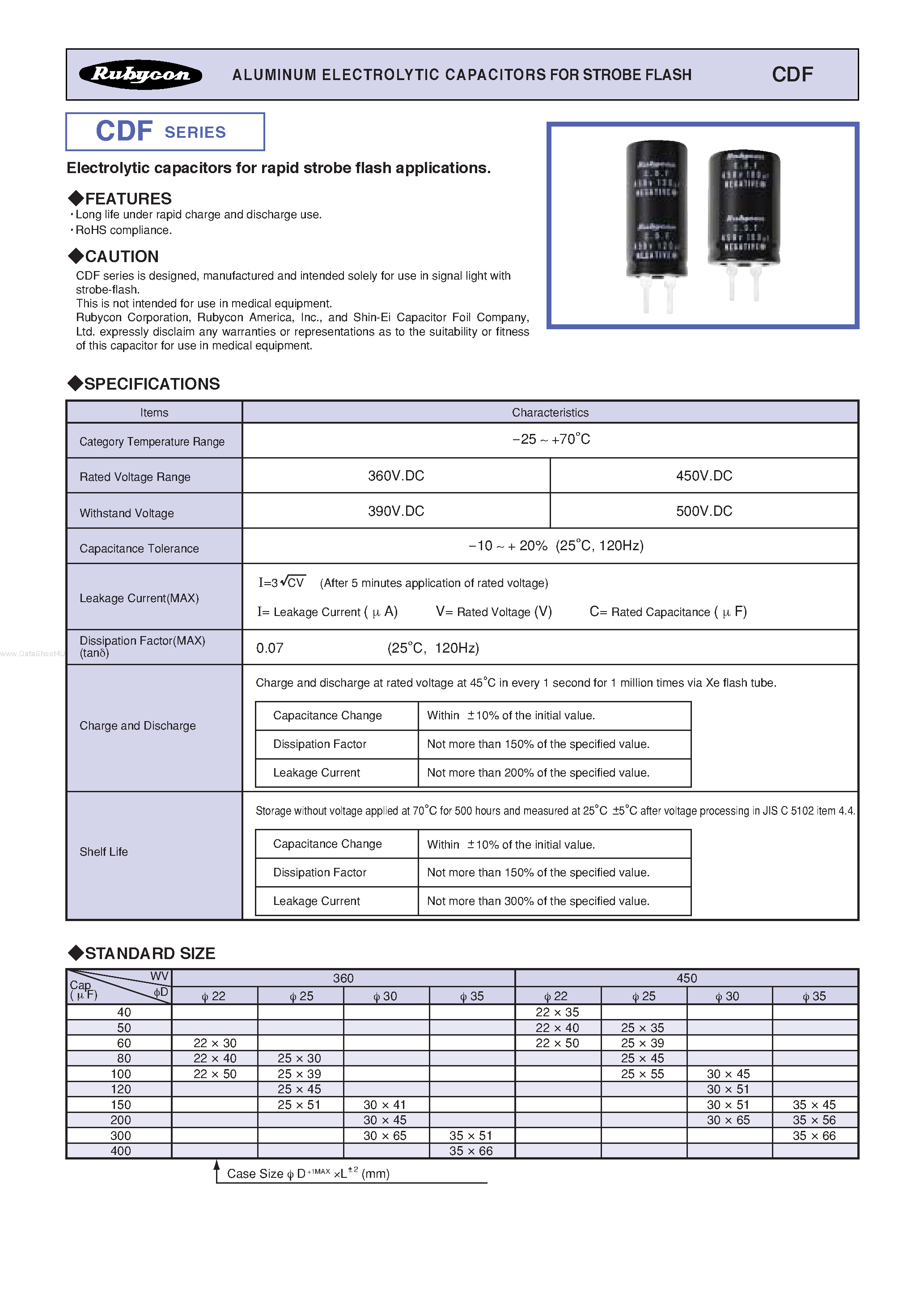 Datasheet CDF page 1 Datasheet CDF - ALUMINUM ELECTROLYTIC CAPACITORS FOR STROBE FLASH page 1