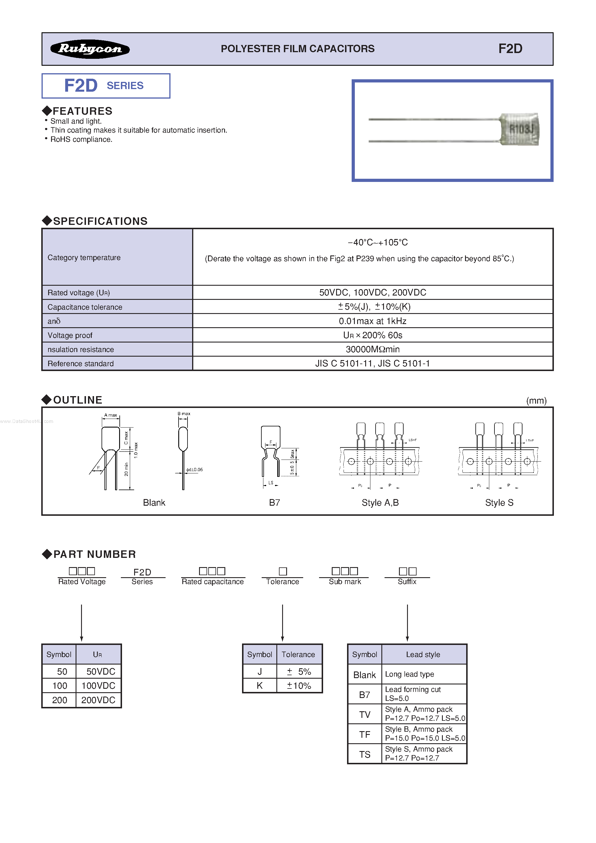Datasheet F2D page 1 Datasheet F2D - Polyester Film Capacitors page 1