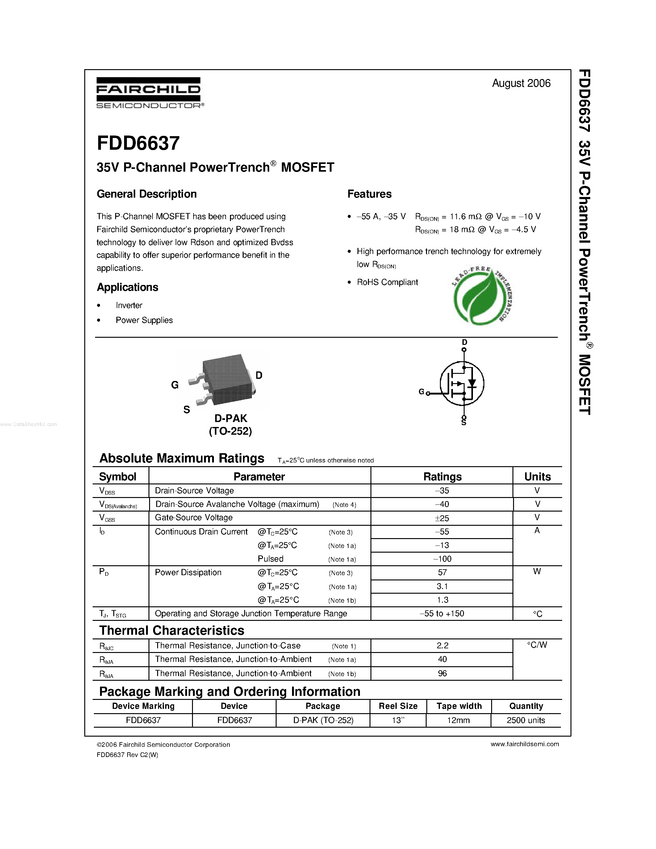 Даташит на микросхему FDD6637 страница 1 Даташит FDD6637 - 35V P-Channel PowerTrench MOSFET страница 1
